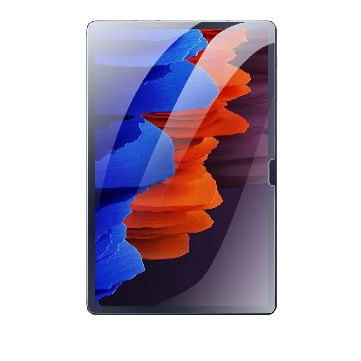 Tablet-Gerät mit farbenfrohem, abstraktem Design auf dem Bildschirm. Blaue und orangefarbene, geschichtete Formen dominieren.