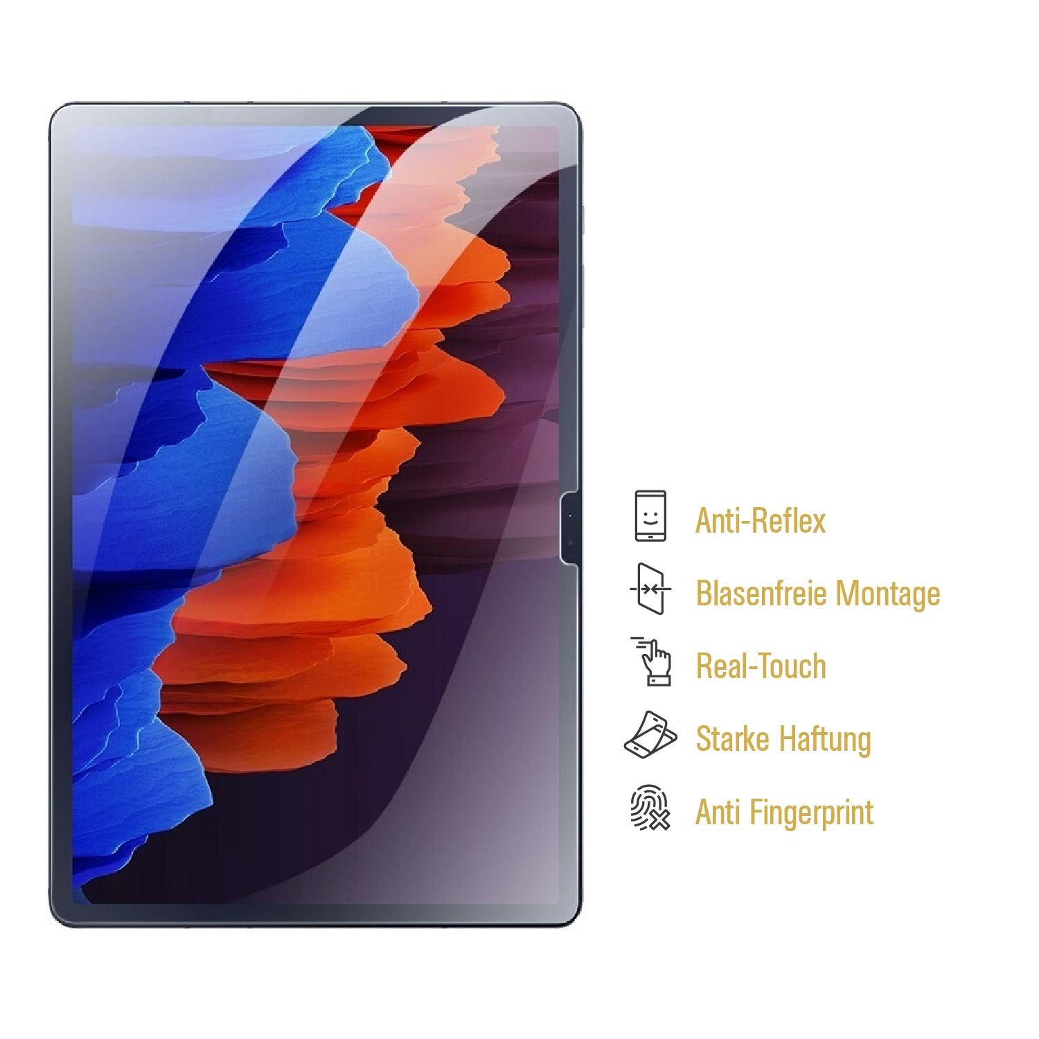 Ein Tablett-Displayschutz mit farbenfroher abstrakter Kunst. Merkmale sind Blendfreiheit, einfache Installation, Real-Touch, starke Haftung und Anti-Fingerabdruck.