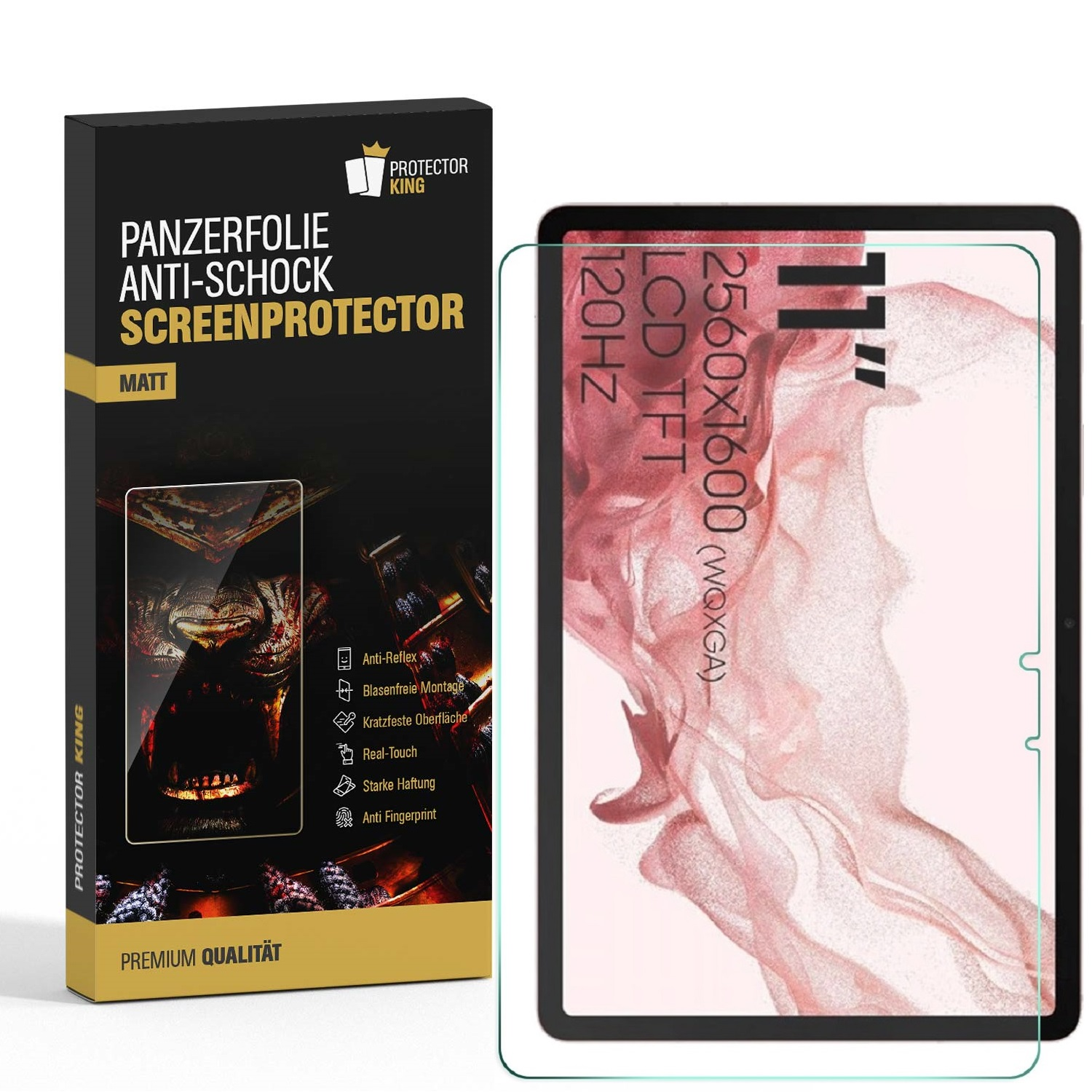 Eine Panzerfolie-Box und ein Tablet. Auf der Box steht Panzerfolie, Anti-Schock, Screenprotector. Das Tablet hat einen 11-Zoll-Bildschirm.