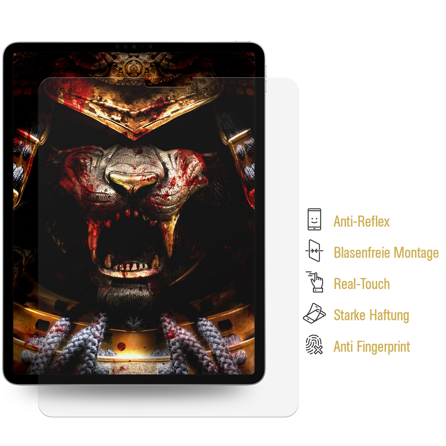 Tablet mit Displayschutz, Bild eines Samurai-Kriegers mit grimmigem Gesichtsausdruck, Blutdetails und Symbolen für Schutzfunktionen.