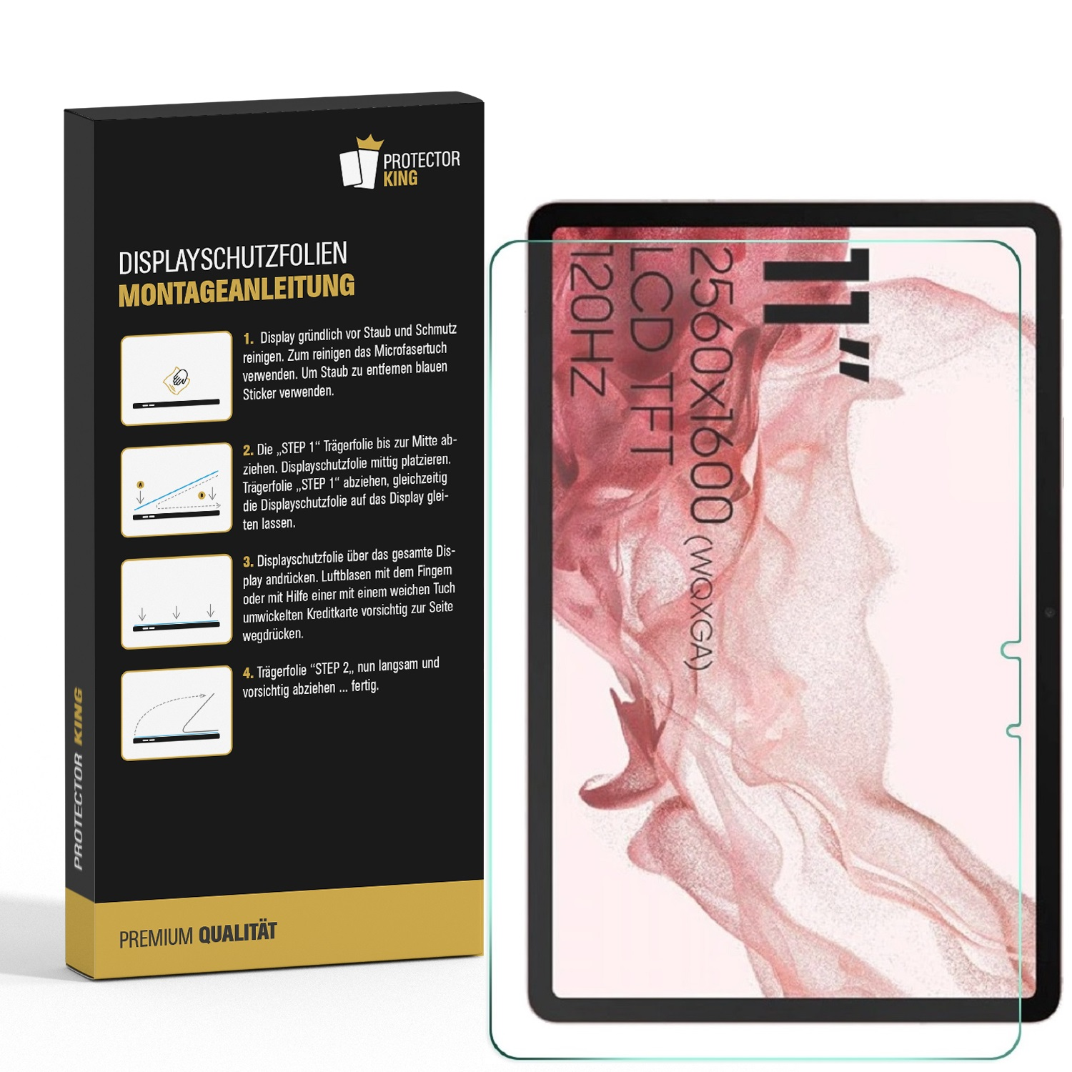 Ein Displayschutzfolien-Kit mit Anweisungen und einem Tablet. Der Protektor ist rechts, die Box links. Text auf der Box.