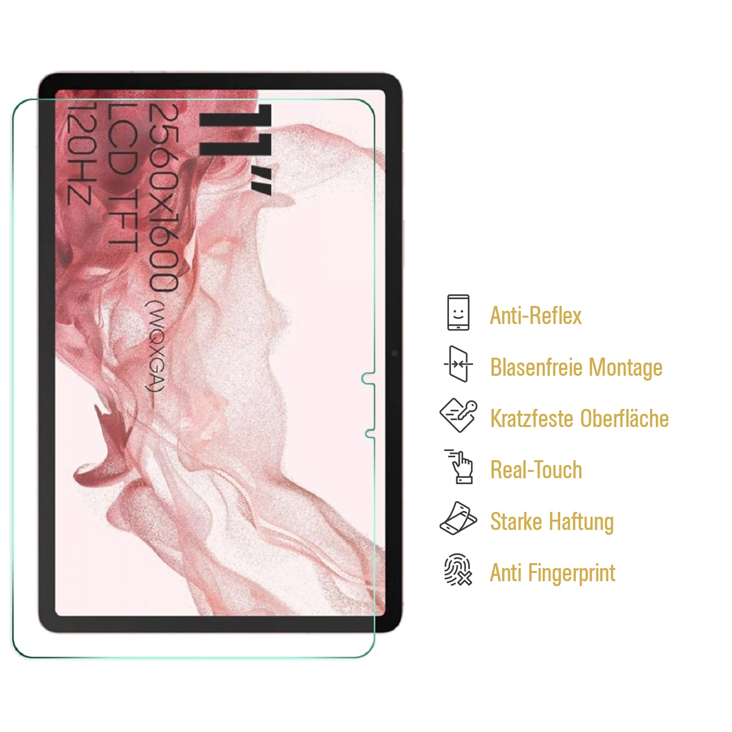 Ein Tablet mit 11-Zoll-Bildschirm, LCD TFT, 120Hz und 2560x1600 Auflösung. Merkmale sind Anti-Reflex, Real-Touch und starker Halt.