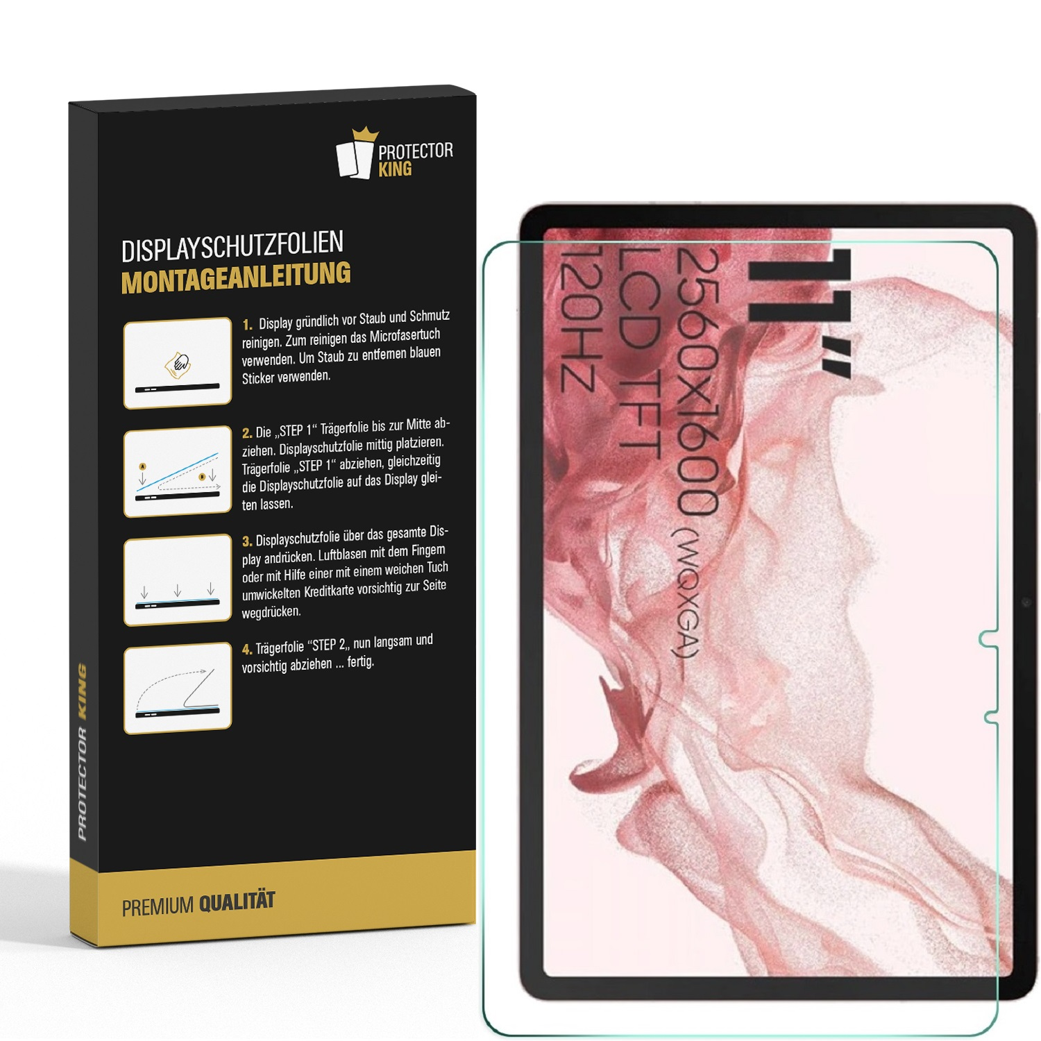 Eine Schachtel mit Anweisungen und einem Displayschutz befindet sich neben einem Tablet, auf dem der Displayschutz angebracht ist.