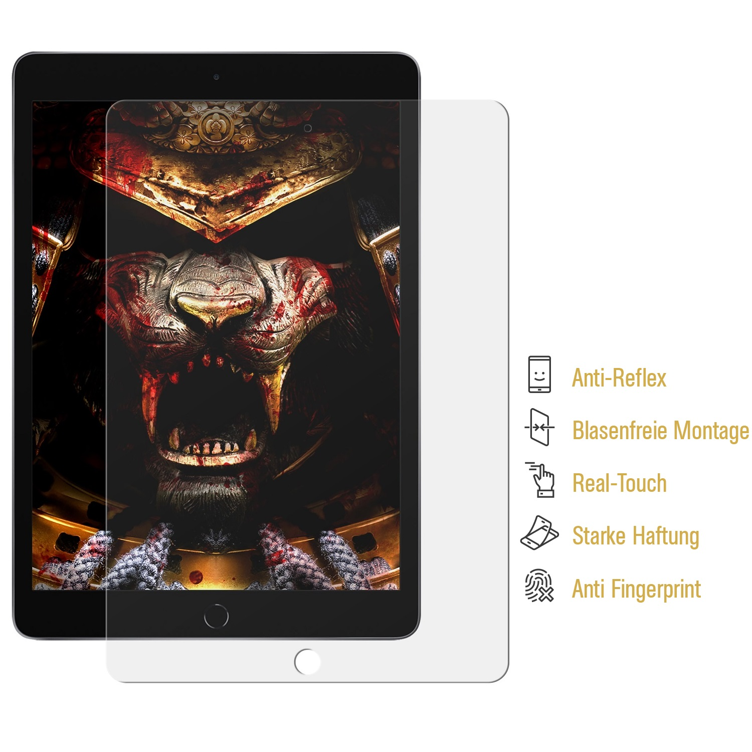 Displayschutzfolie für Tablets mit Grafik eines knurrenden Tieres, bedeckt teilweise ein Tablet. Text und Symbole rechts.