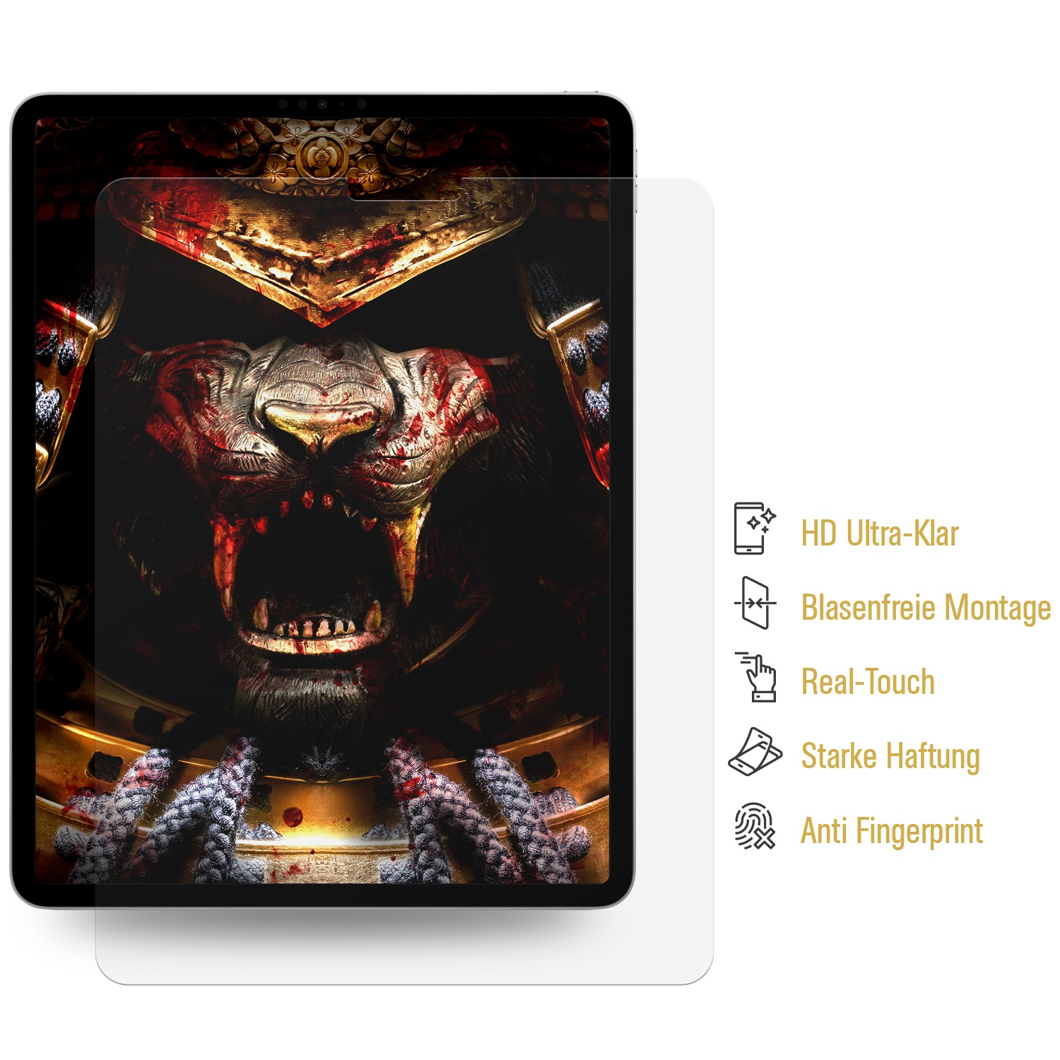 Tablet mit Displayschutz. Der Bildschirm zeigt eine blutige Samurai-Maske mit goldenem Helm und weißem Seil.