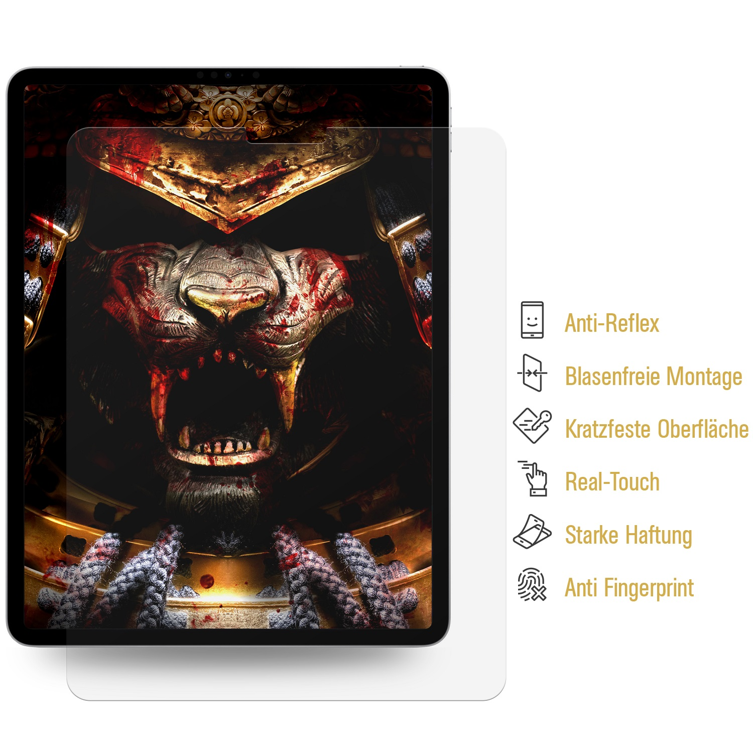 Tablet-Displayschutz mit Samurai-Bild. Das Bild zeigt das Gesicht eines Samurai mit blutartigen Spritzern und goldenen Details.