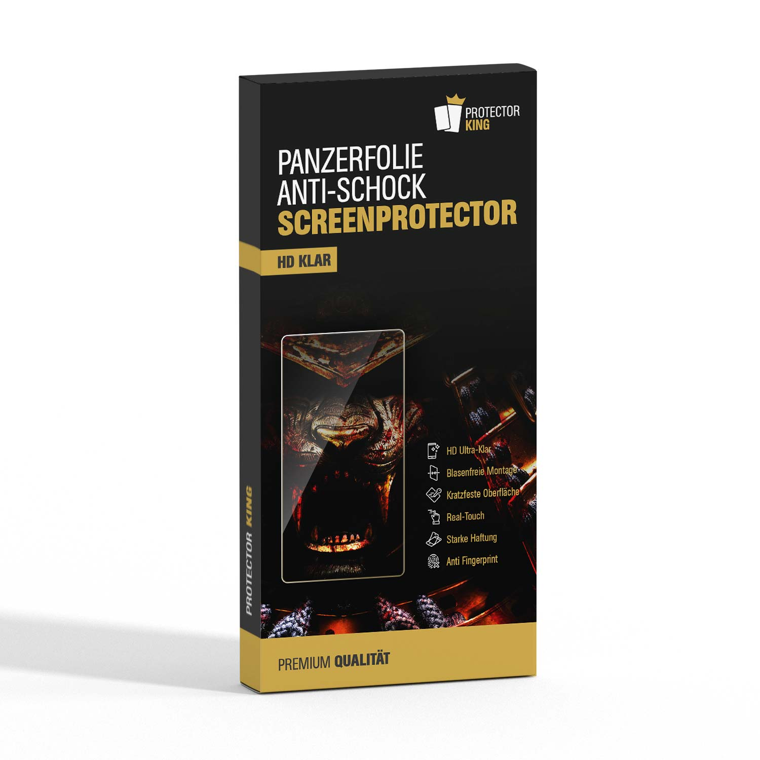 Eine schwarze Schachtel mit Text: PANZERFOLIE ANTI-SCHOCK SCREENPROTECTOR. Oben befindet sich das Protector King-Logo. Die Box ist für einen Bildschirmschutz.