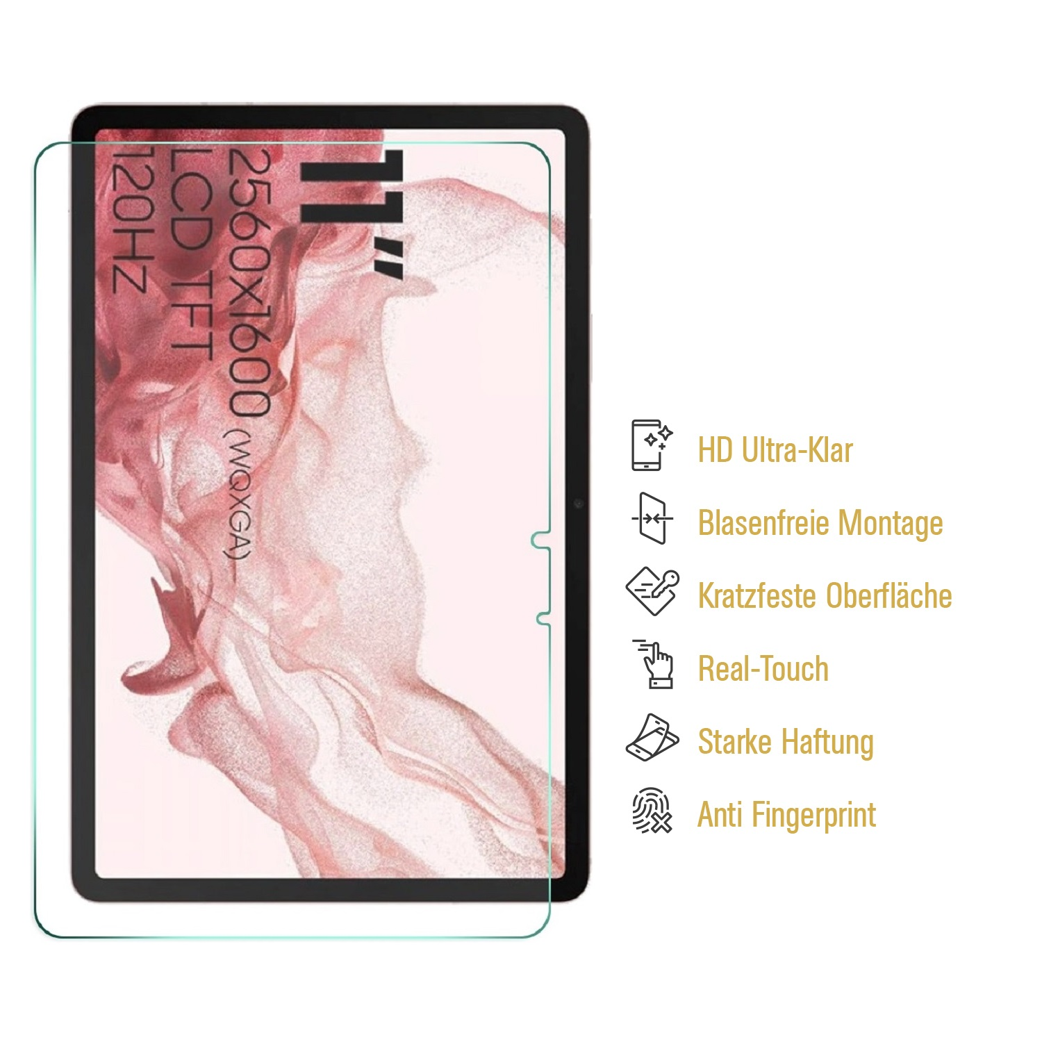 Ein Tablet mit Displayschutz. Der Bildschirm zeigt Spezifikationen wie 11", LCD TFT, 120Hz und Funktionen wie HD Ultra-Klar und Anti Fingerprint.