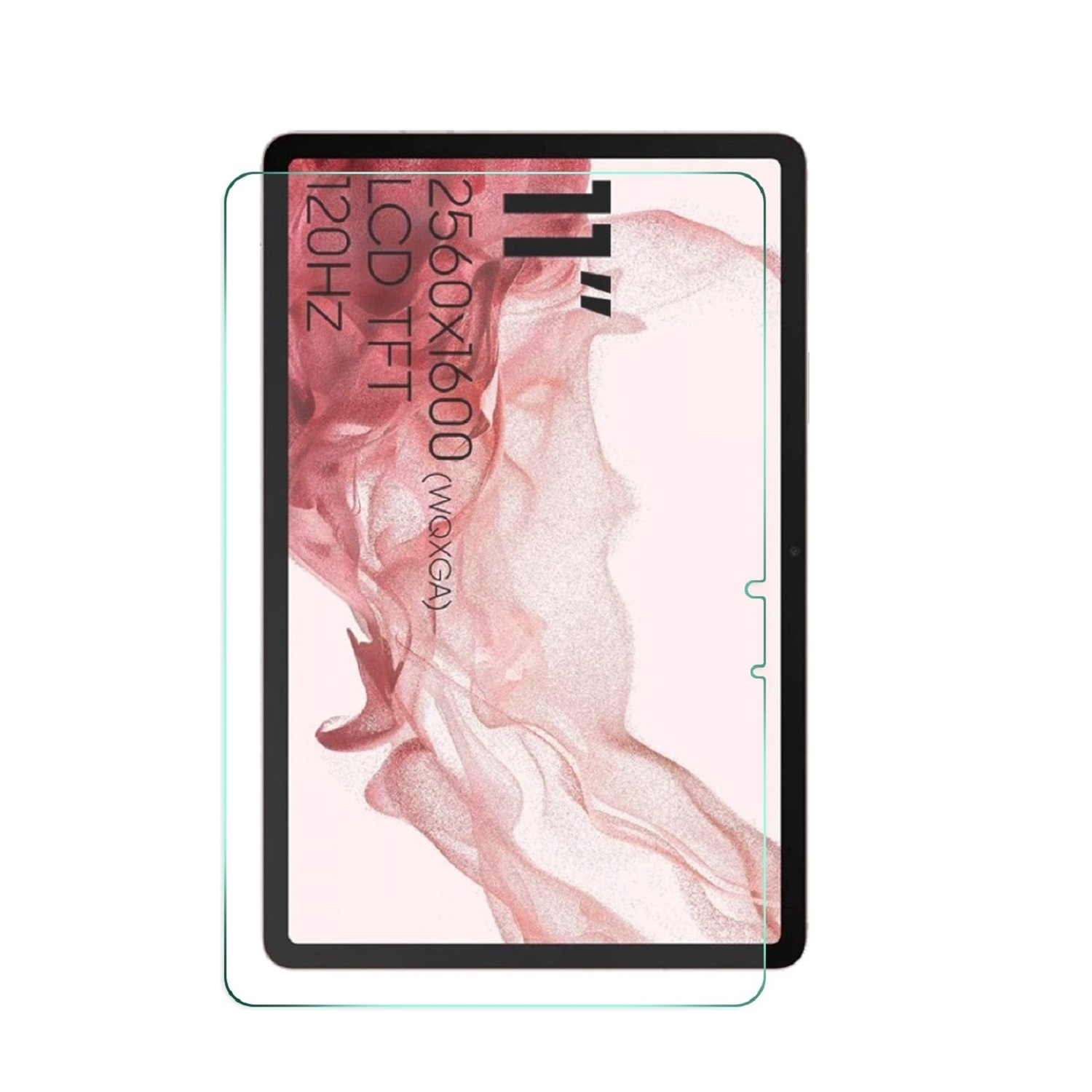 Ein 11-Zoll-Tablet mit Displayschutzfolie. Das Display zeigt Spezifikationen: 2560x1600, LCD TFT, 120Hz. Rosa-weißer abstrakter Hintergrund.