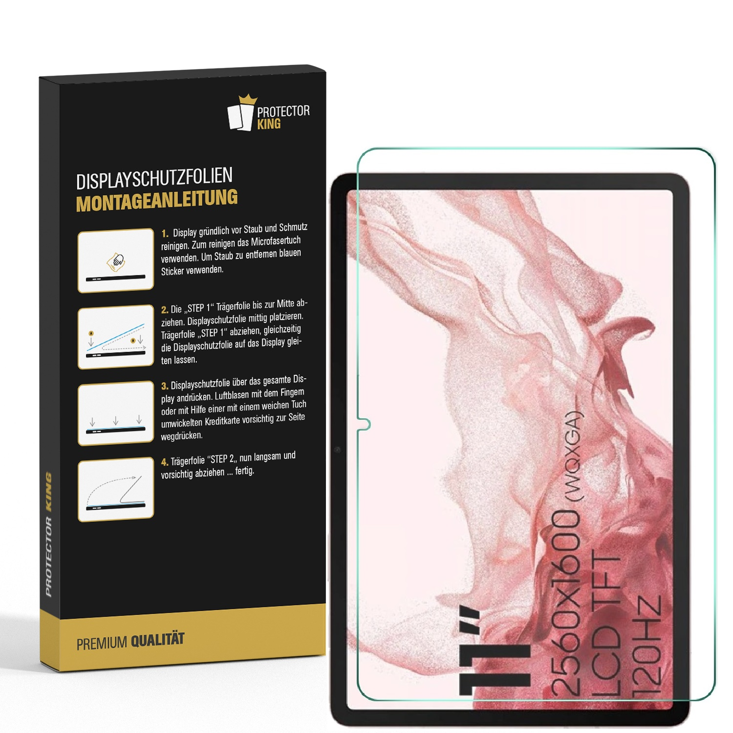 Ein Displayschutzfolien-Kit mit Tablet und Verpackung. Text und Anweisungen auf der Box. Das Tablet zeigt Spezifikationen an.