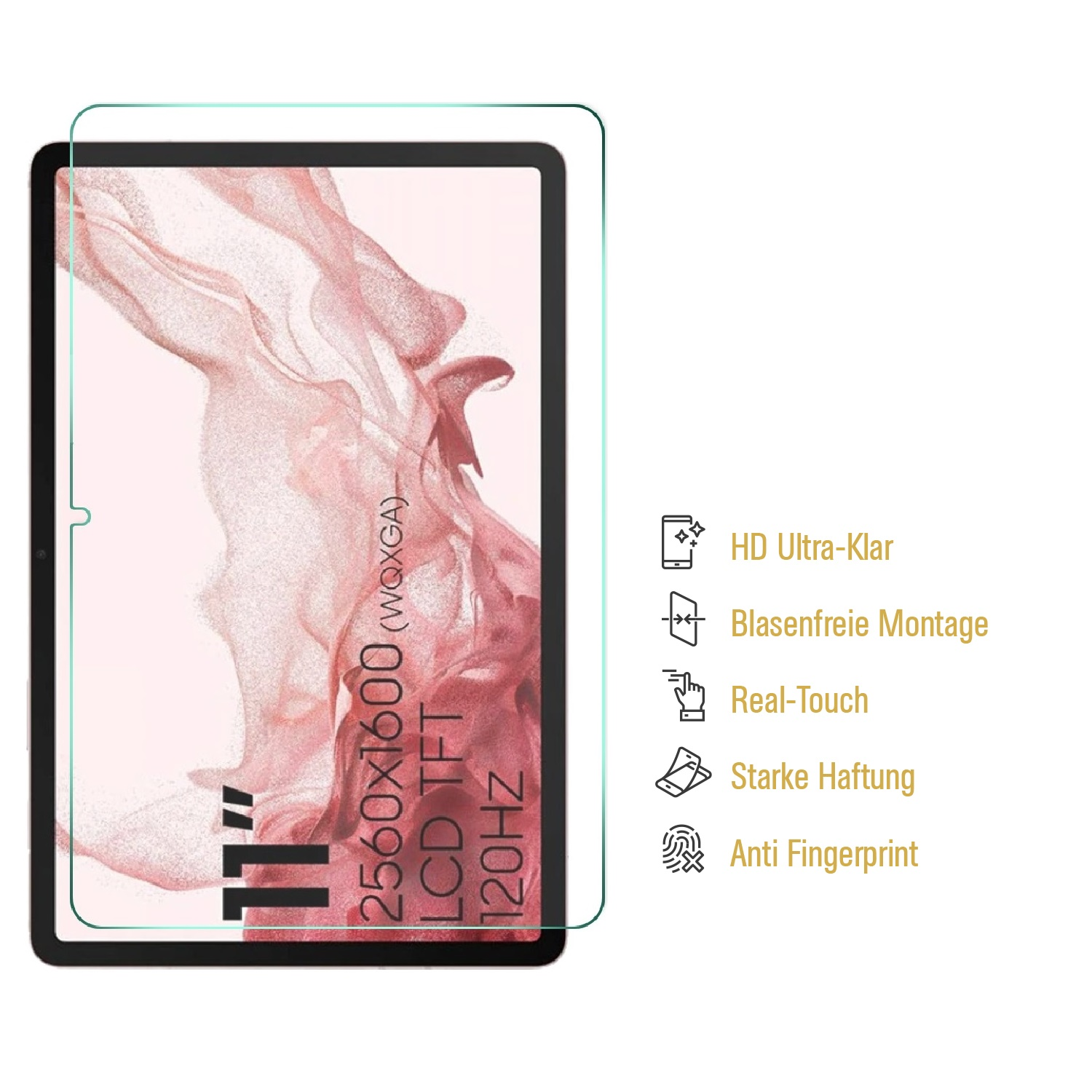 Ein Tablet mit Displayschutzfolie, Spezifikationen aufgeführt. Merkmale: HD, blasenfrei, Real-Touch, starker Halt und Anti-Fingerprint.