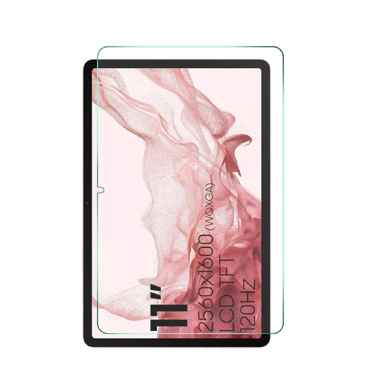 Ein 11-Zoll-Tablet mit Displayschutzfolie, das Spezifikationen anzeigt: 2560x1600 (WQXGA) LCD TFT 120HZ. Der Hintergrund zeigt ein rosa Design.