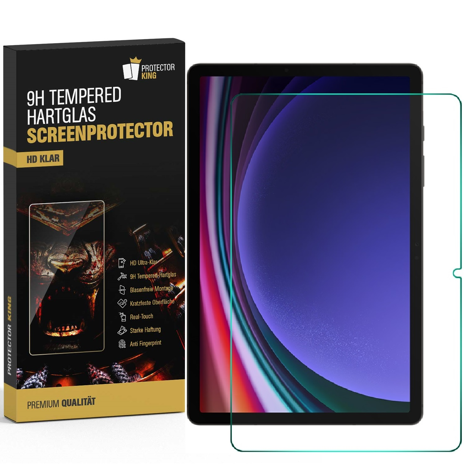 Ein Tablet mit Displayschutzfolie neben seiner Verpackung. Die Verpackung bewirbt einen 9H-Hartglas-Displayschutz.