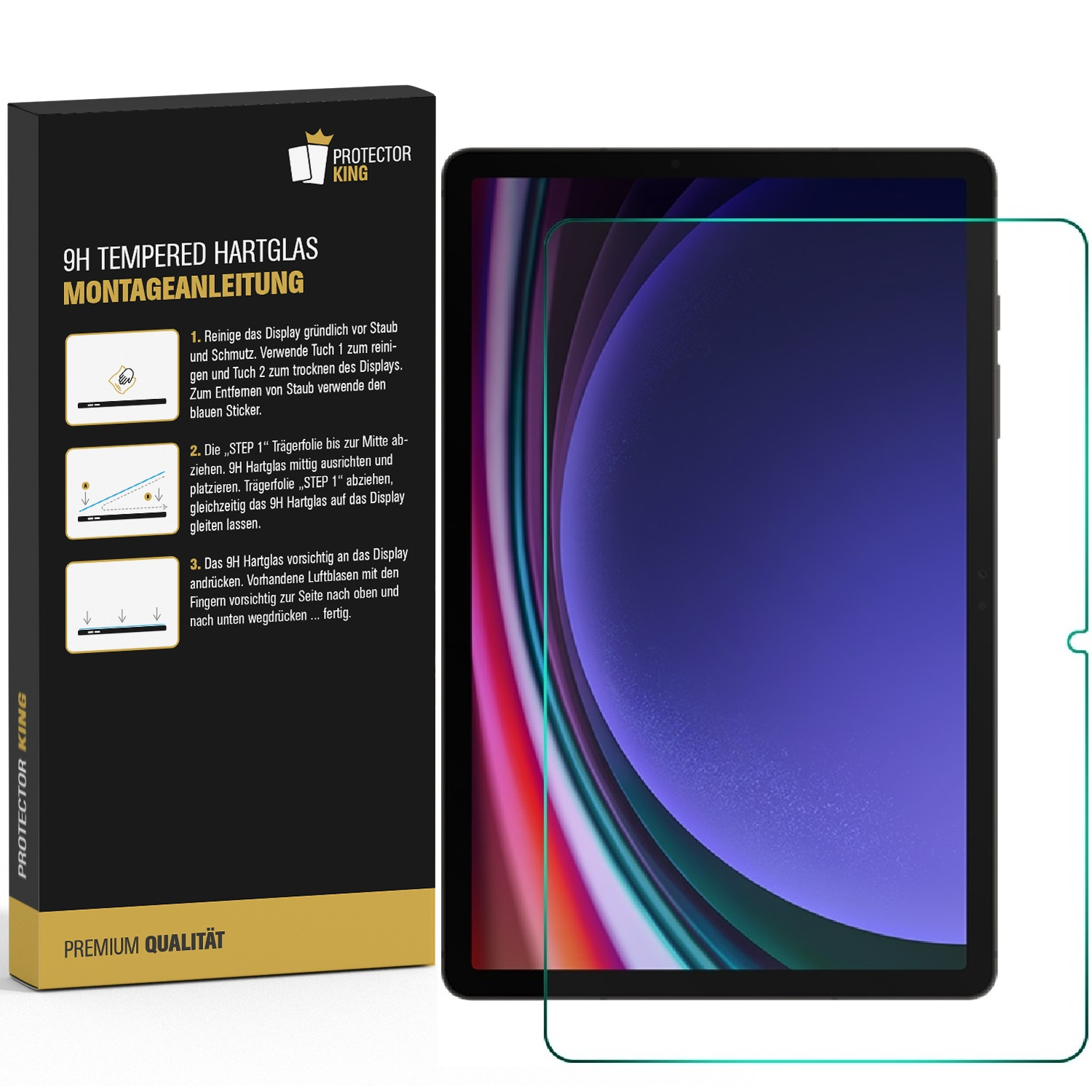 Ein Tablet-Displayschutz-Kit. Auf der Box befinden sich Anweisungen. Ein Tablet und ein Displayschutz sind sichtbar. Der Schutz befindet sich auf dem Bildschirm.