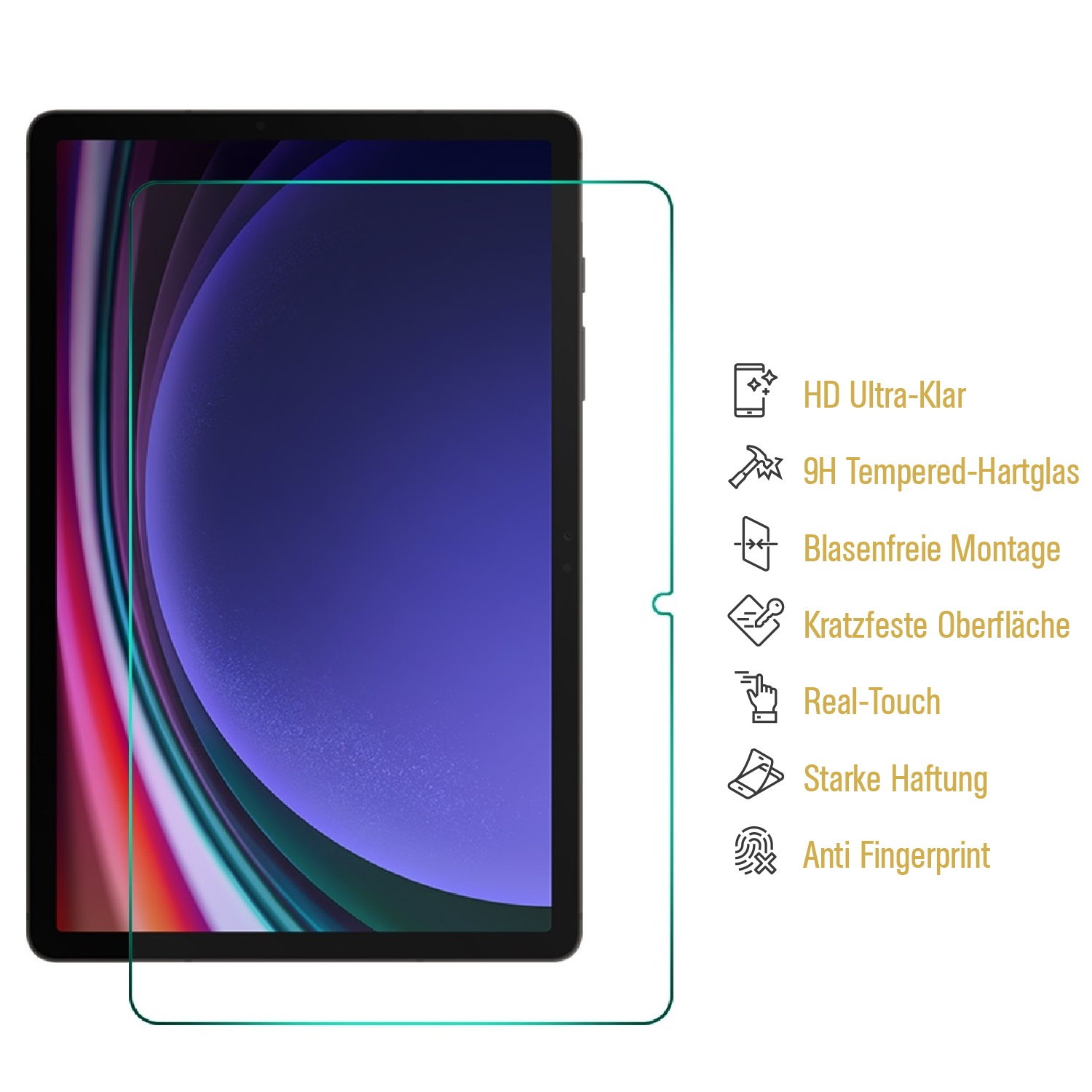 Ein Tablet mit Displayschutzfolie. Text rechts beschreibt Funktionen: HD, gehärtetes Glas, blasenfrei, kratzfest, Real-Touch, starker Halt.