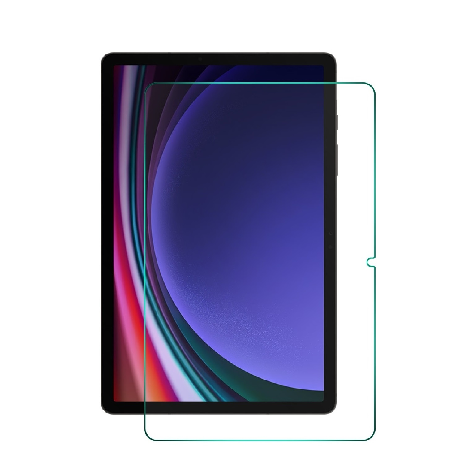 Ein Tablet mit angebrachter Displayschutzfolie. Der Bildschirm zeigt ein lebendiges, farbenfrohes, abstraktes Design. Der Schutz ist leicht versetzt.