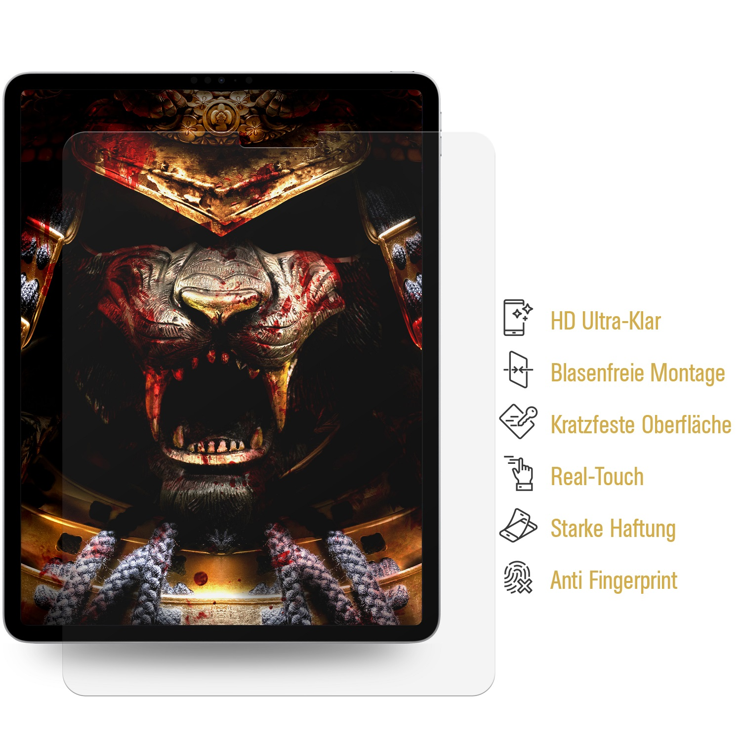 Ein iPad-Displayschutz, der einen Samurai mit blutigem Gesicht zeigt. Text rechts: HD Ultra-Klar usw.
