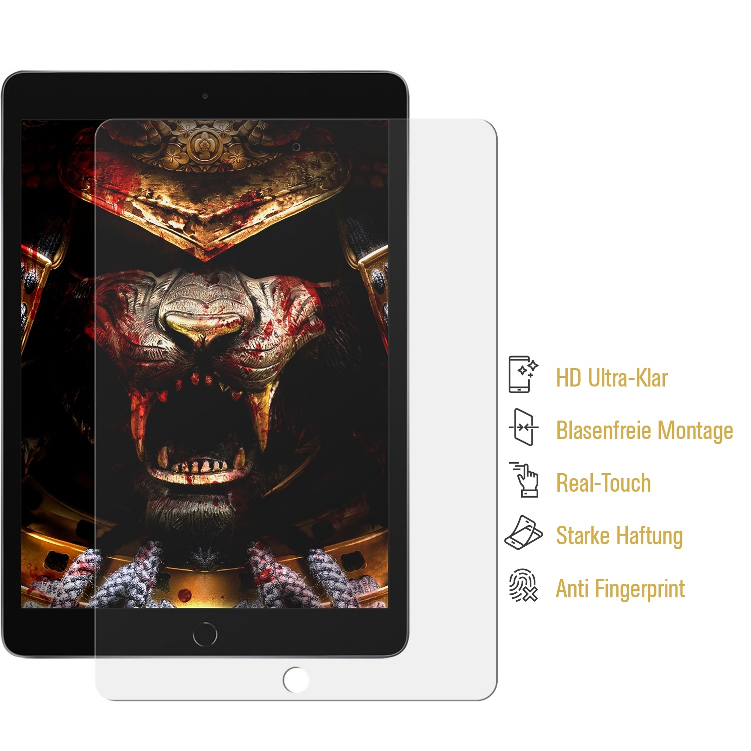 Eine Displayschutzfolie auf einem Tablet. Der Bildschirm zeigt ein blutiges löwenartiges Monstergesicht. Eigenschaften: HD Ultra-klar, blasenfrei, Real-Touch, starke Haftung.