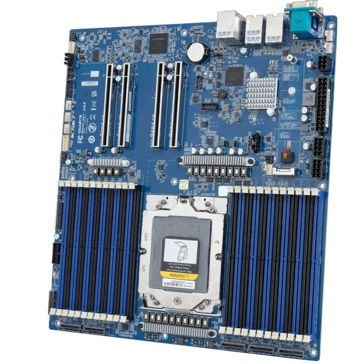 Una scheda madre blu per computer con vari componenti come slot, chip e connettori. Gli slot RAM neri e blu sono prominenti.