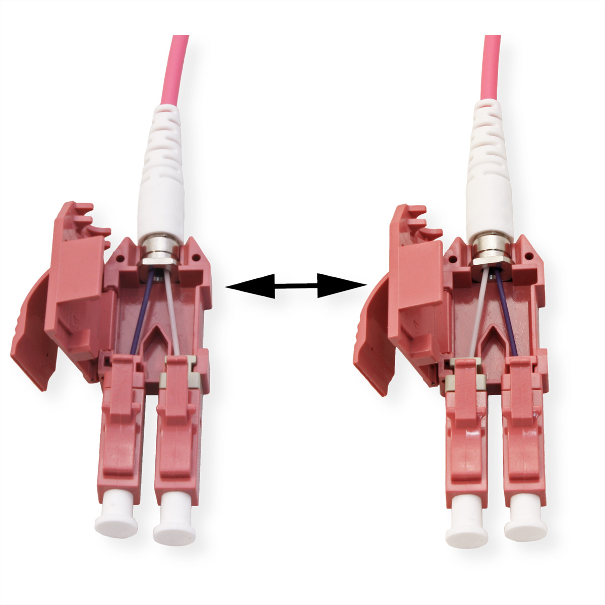 Zwei rosa Stecker mit weißen und rosa Kabeln, verbunden durch schwarze Pfeile. Jeder Stecker hat weiße Stecker und Drähte.