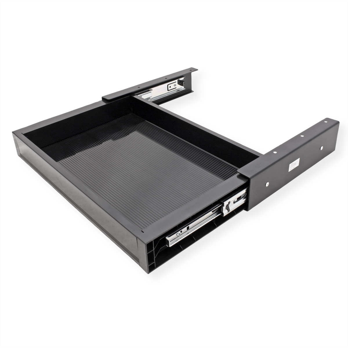 Un cassetto nero su guide metalliche, parzialmente estratto. Il cassetto ha una base a coste. Lo sfondo è bianco.