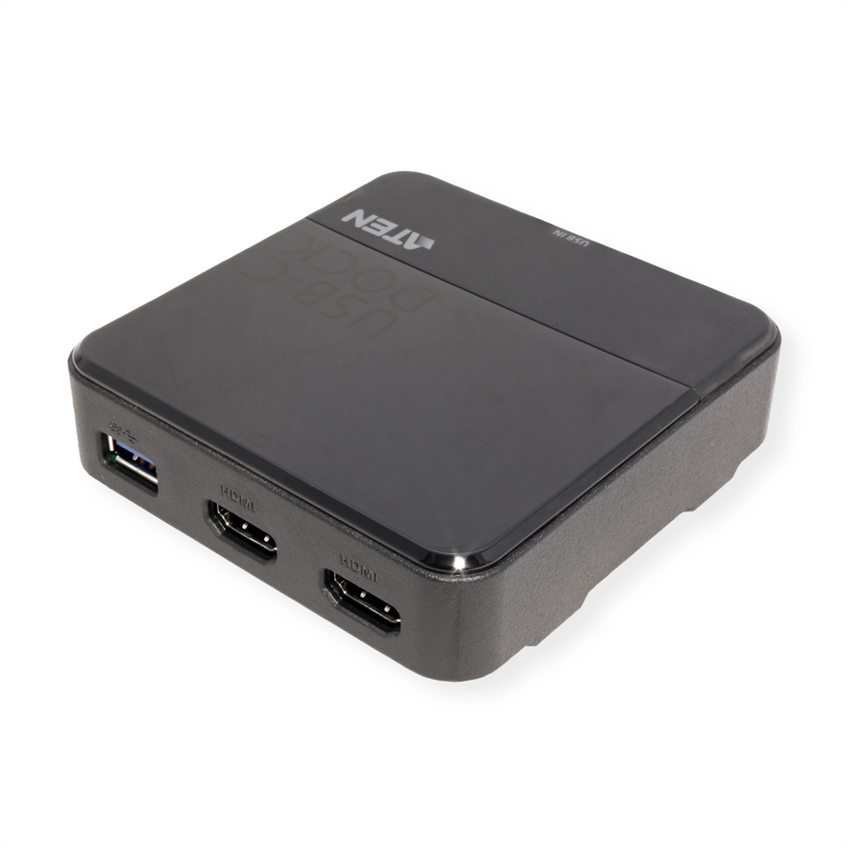 Ein schwarzes USB-C-Dock mit HDMI- und USB-Anschlüssen. Es hat das ATEN-Logo und den Text USB-C Dock. Der Hintergrund ist weiß.