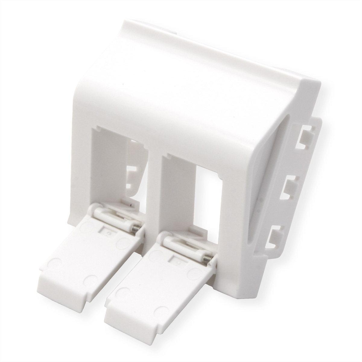Un composant électrique en plastique blanc avec deux portes à charnières. Il a une forme rectangulaire avec plusieurs ouvertures et fentes.