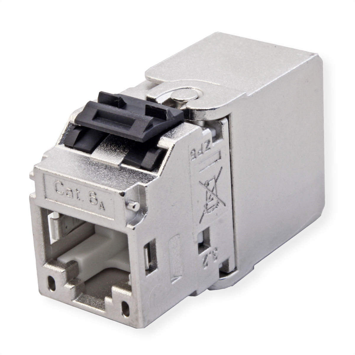 Un connettore RJ45 Cat 6A argentato con un fermo nero. Il connettore è su sfondo bianco. I dettagli includono testo e simboli.