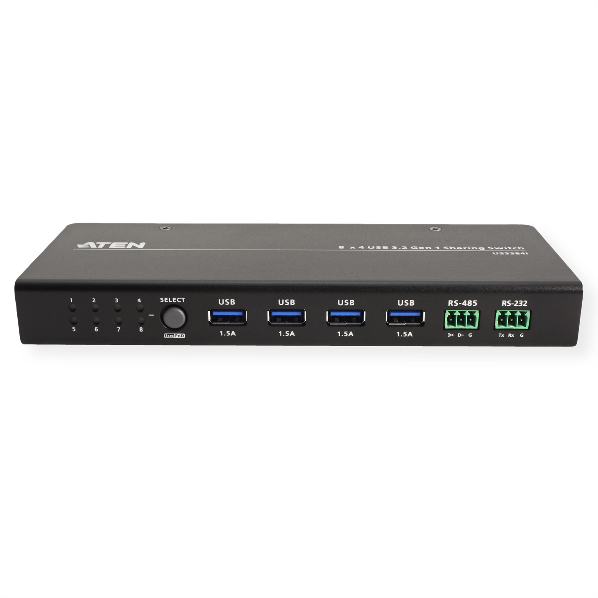 Een zwarte USB-deelswitch met meerdere USB-poorten, RS-485- en RS-232-poorten en een selectieknop. ATEN-logo zichtbaar.