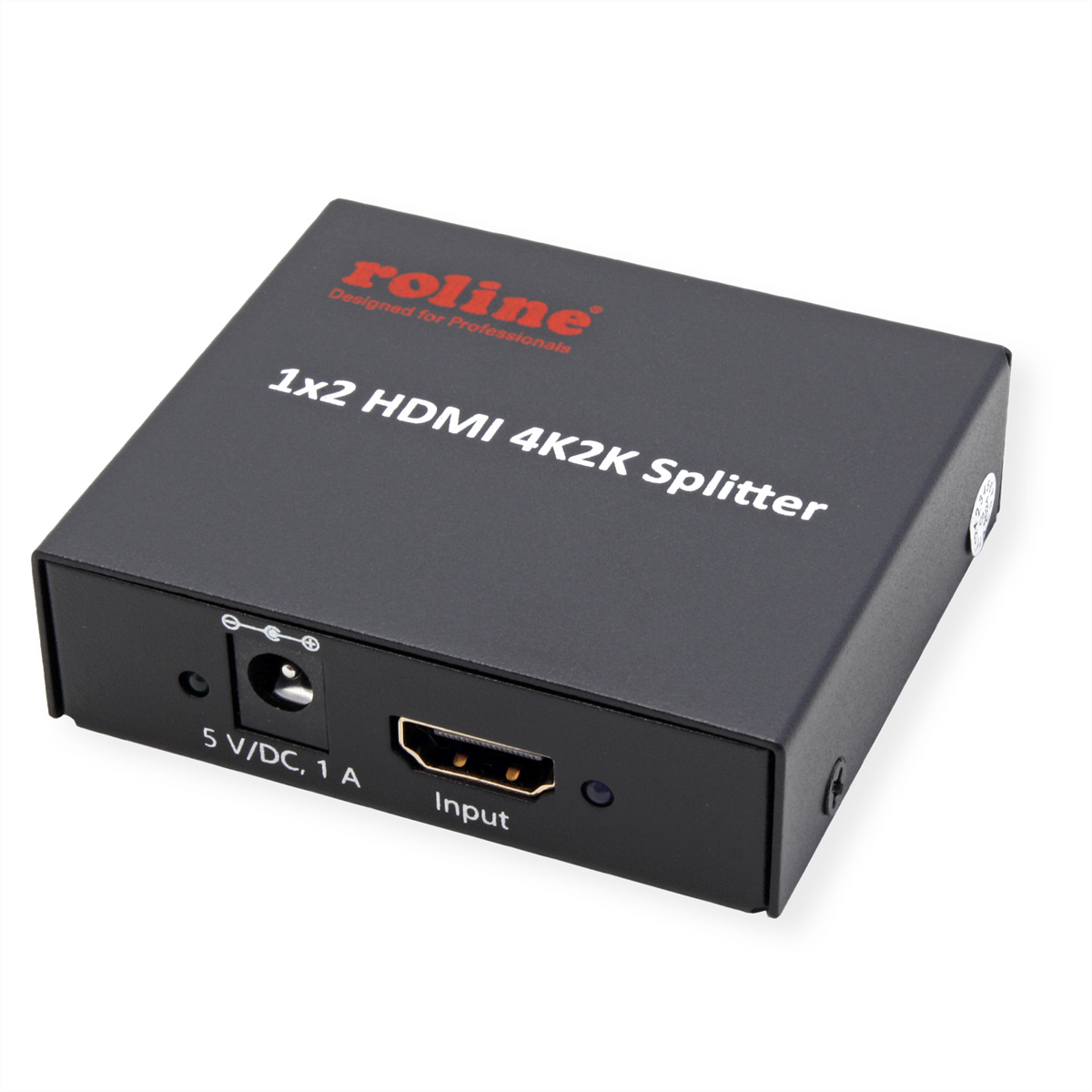 Répartiteur HDMI noir avec texte blanc. Il est écrit 'roline', '1x2 HDMI 4K2K Splitter' et 'Input'. Dispose d'une entrée d'alimentation.