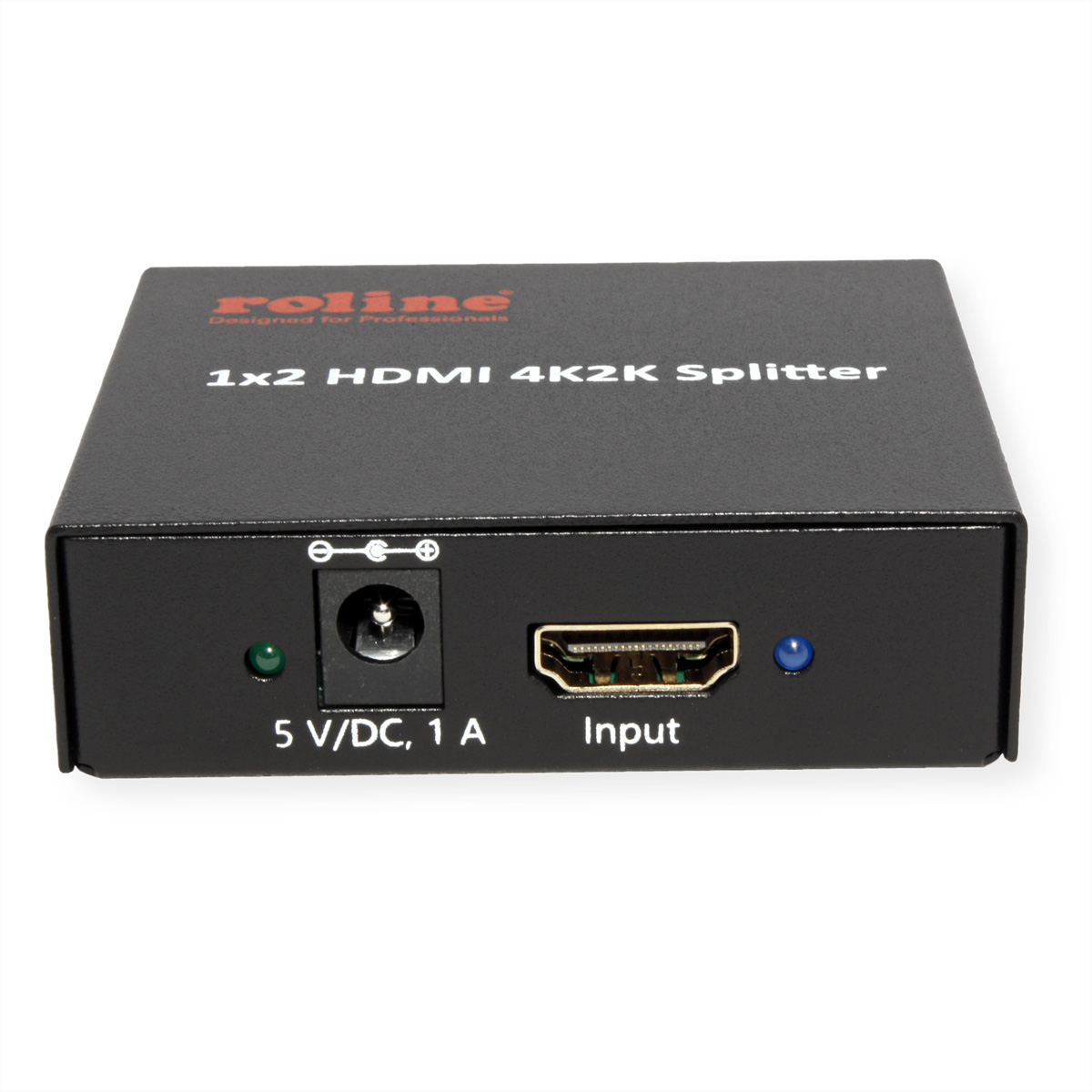 Répartiteur HDMI noir avec port d'entrée, entrée d'alimentation et voyants, étiqueté 'roline' et '1x2 HDMI 4K2K Splitter'.