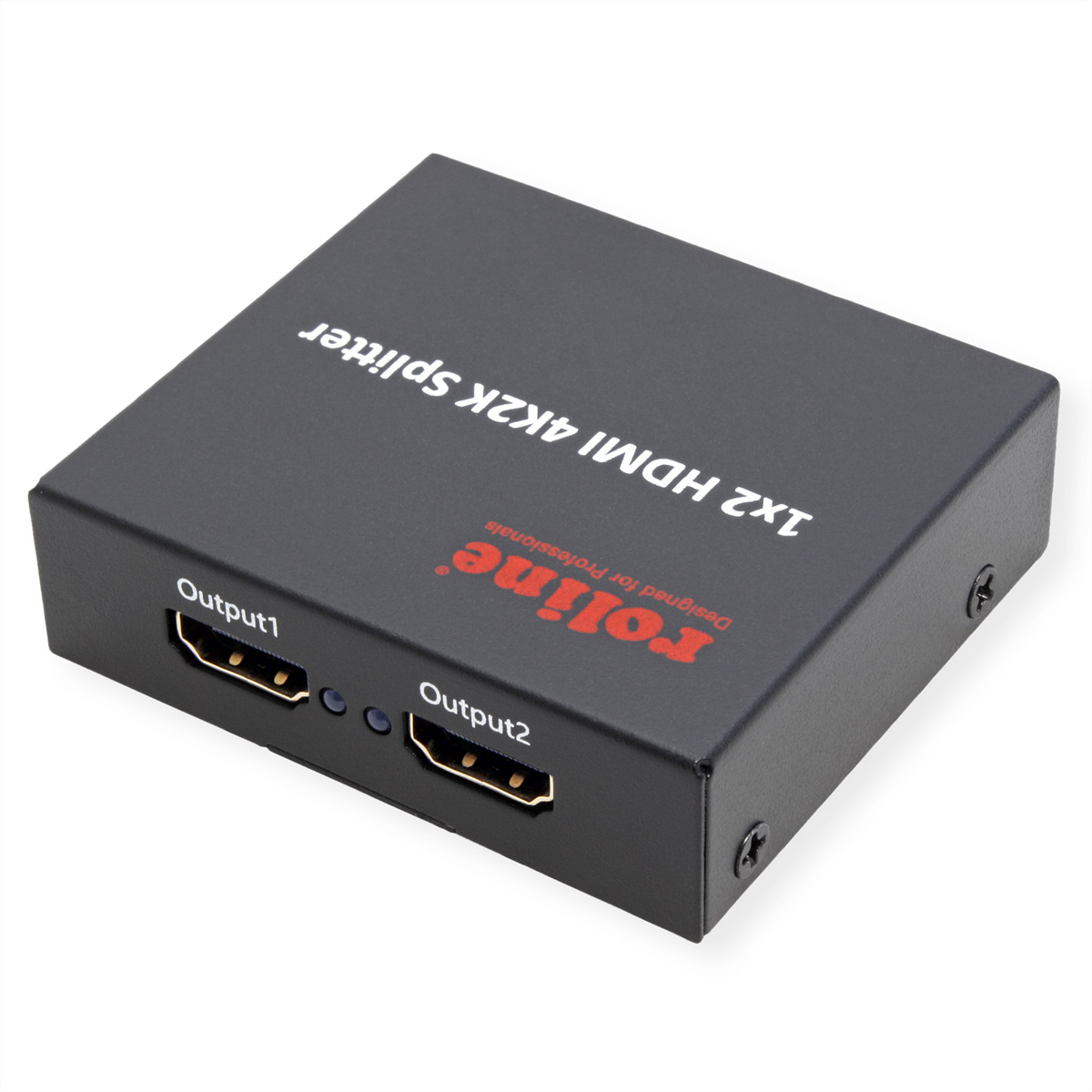 Un répartiteur HDMI 4K2K 1x2 noir. Il possède deux ports de sortie étiquetés Output1 et Output2. La marque 'Roline' est visible.