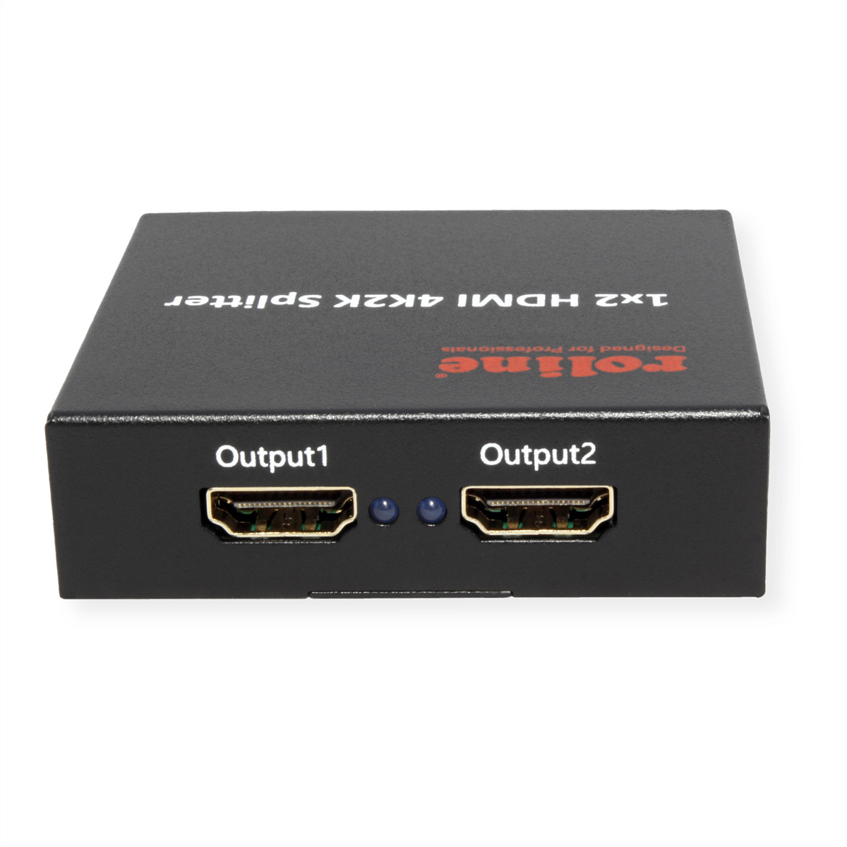 Répartiteur HDMI noir avec ports 'Output1' et 'Output2'. Il porte le texte '1x2 HDMI 4K2K Splitter' et la marque 'roline'.