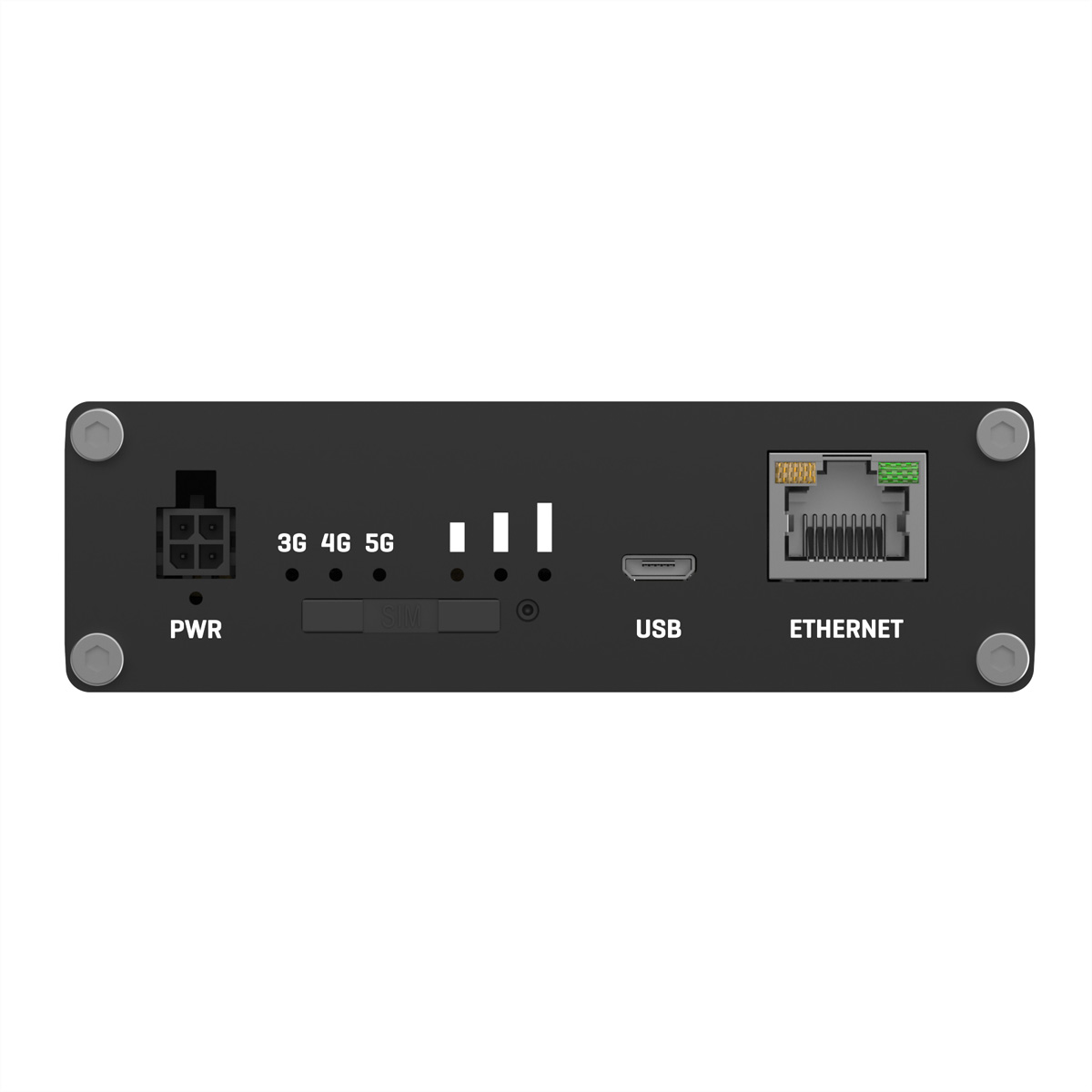 Appareil électronique noir avec ports PWR, 3G, 4G, 5G, SIM, USB et Ethernet. Vis argentées aux coins.