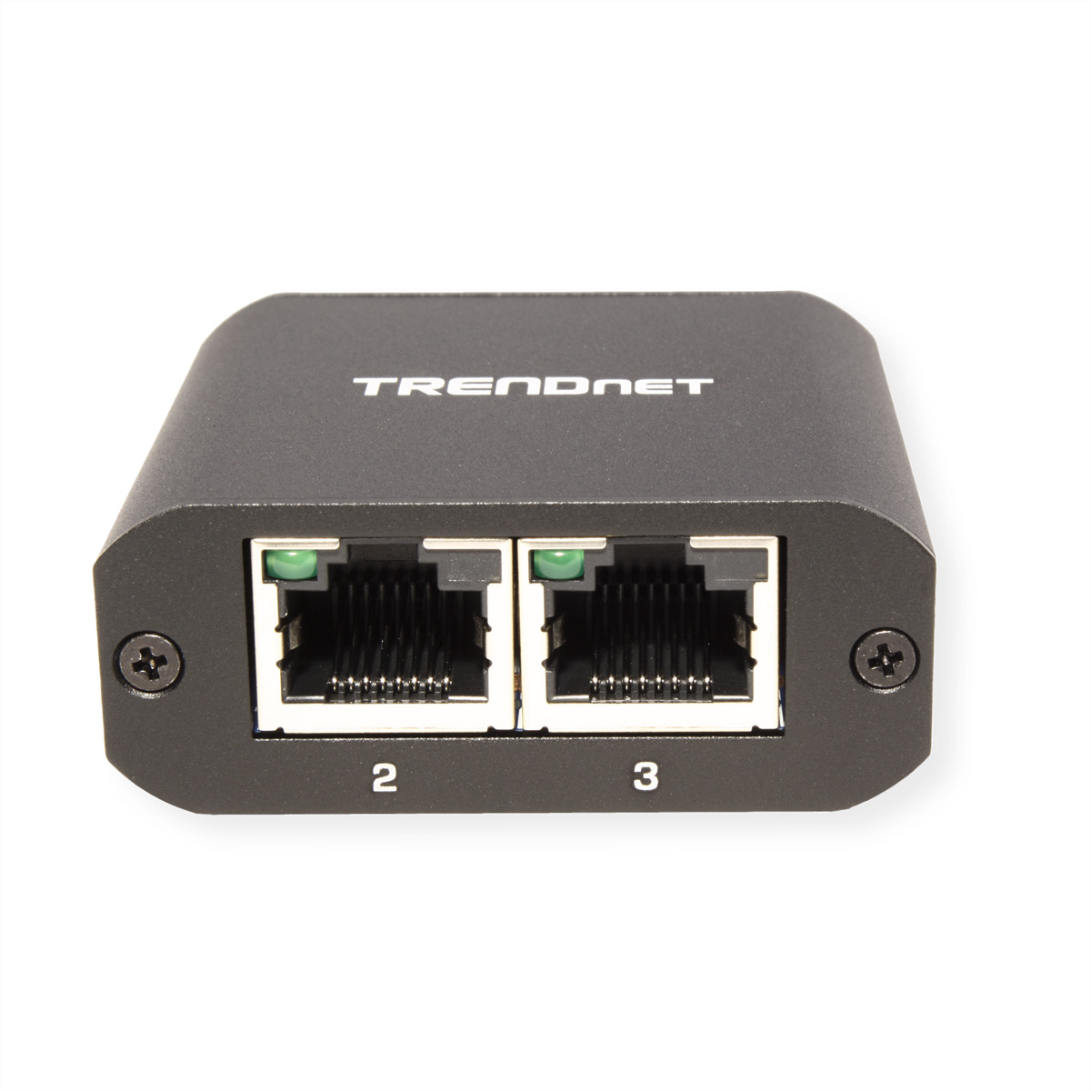 Ein schwarzes TRENDnet-Netzwerkgerät mit zwei RJ45-Anschlüssen, beschriftet mit '2' und '3'. Das Gerät hat Schrauben an den Seiten und einen weißen Hintergrund.