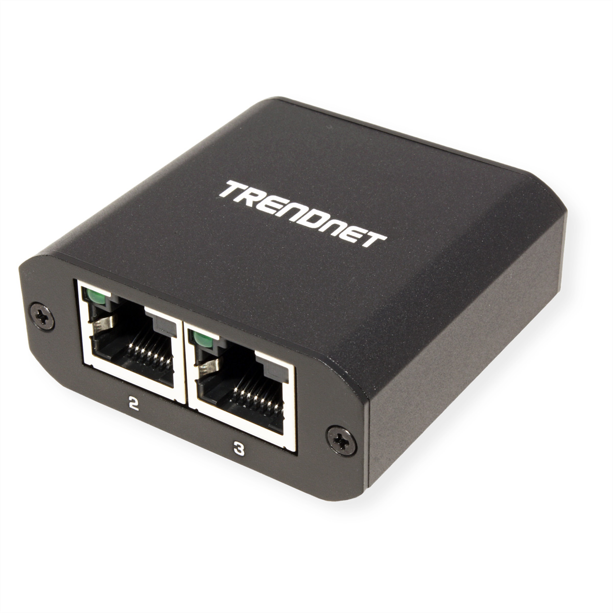 Schwarzes Trendnet-Gerät mit zwei Ethernet-Anschlüssen, beschriftet mit 2 und 3. Das Gerät liegt auf einer weißen Oberfläche.