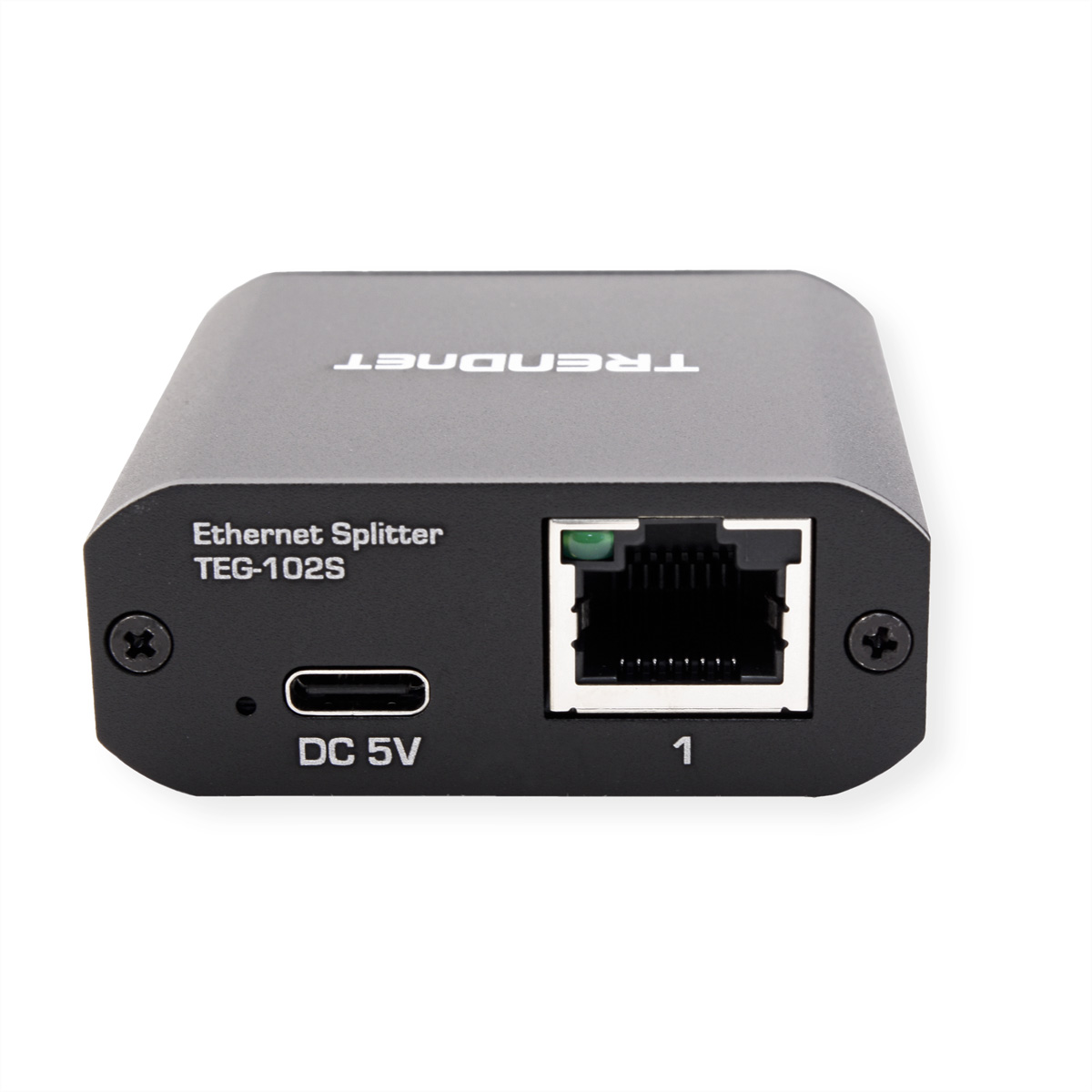 Schwarzer Ethernet-Splitter mit weißem Text. Mit einem Port mit der Bezeichnung 1, einem USB-C-Anschluss und DC 5V. Die Marke TRENDnet ist sichtbar.