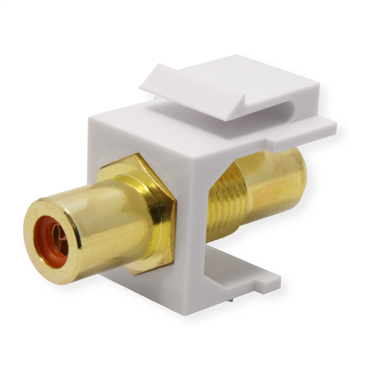 Ein weißer und goldener Cinch-Stecker mit weißem Kunststoffgehäuse. Der Stecker hat einen goldfarbenen Metallkörper und befindet sich auf weißem Hintergrund.