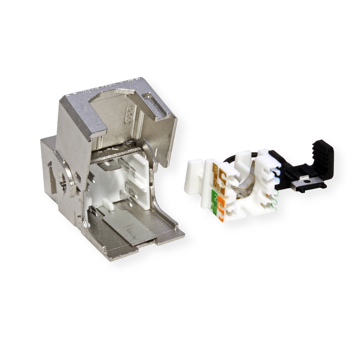 Un connettore RJ45 argentato con i suoi componenti interni bianchi e colorati separati su sfondo bianco. È visibile anche una clip nera.