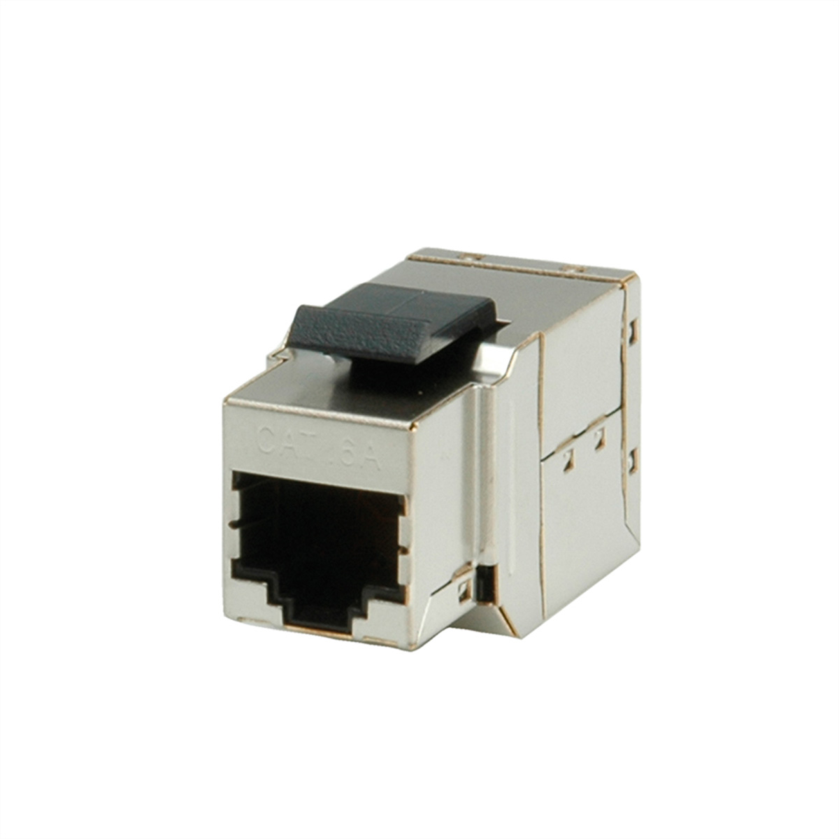 Un coupleur RJ45 CAT 6A argenté est posé sur fond blanc. Il a un loquet et un port noirs. Le texte "CAT 6A" est visible.