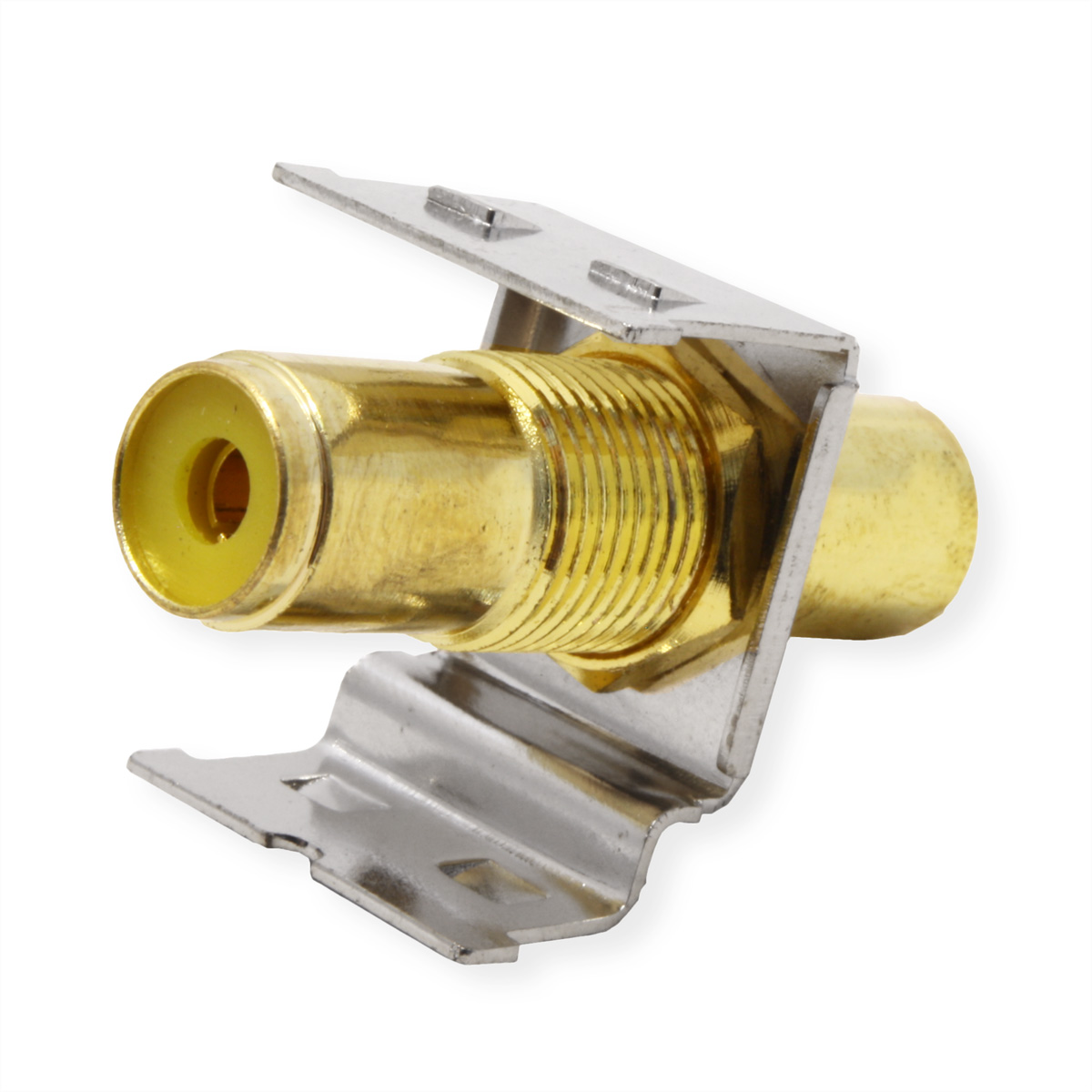 Un connettore in metallo dorato con interno giallo, tenuto da una staffa in metallo argentato, isolato su sfondo bianco.
