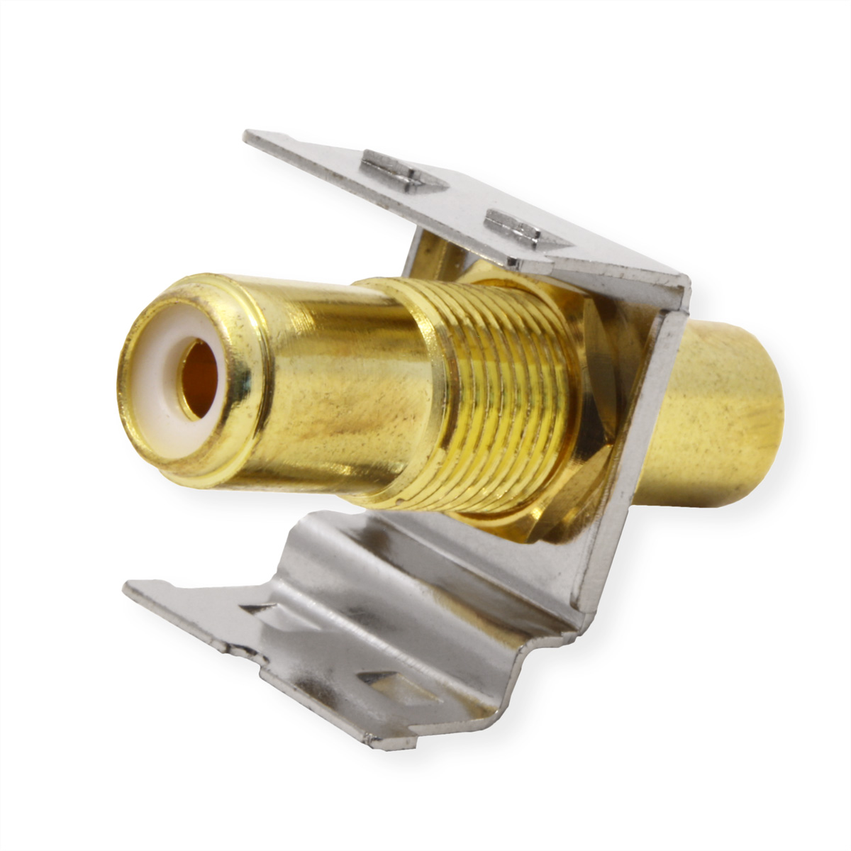 Un connettore RCA dorato con interno bianco, tenuto da una staffa di metallo argentata, su sfondo bianco.
