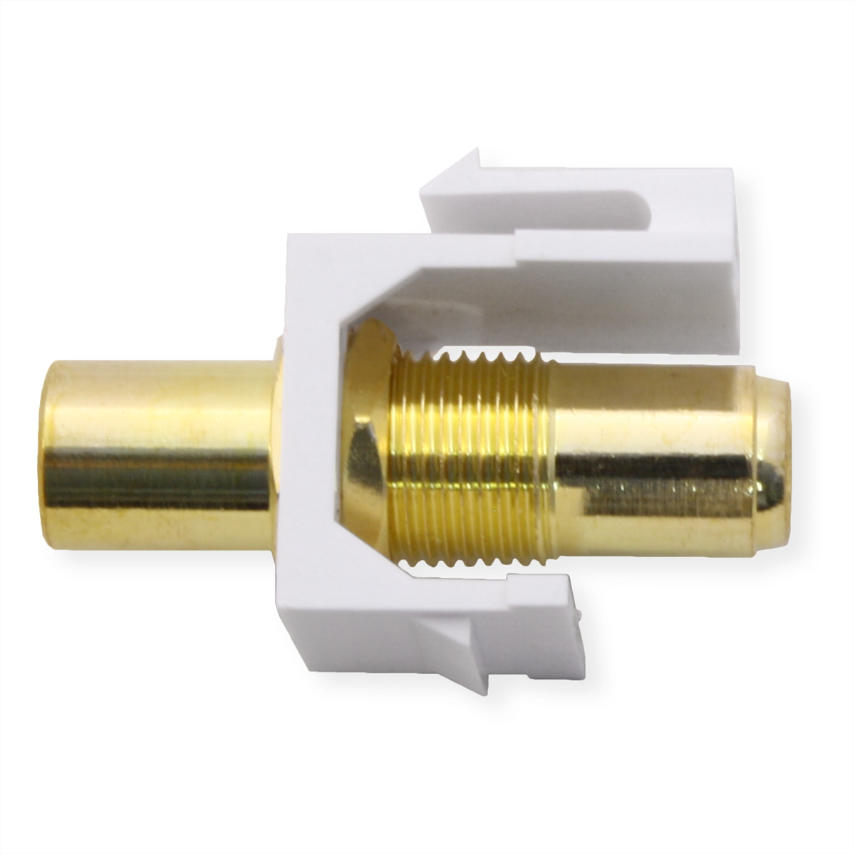 Ein goldfarbener Koaxialanschluss mit weißem Kunststoffgehäuse. Der Stecker ist zylindrisch mit Schraubgewinde und glattem Ende.