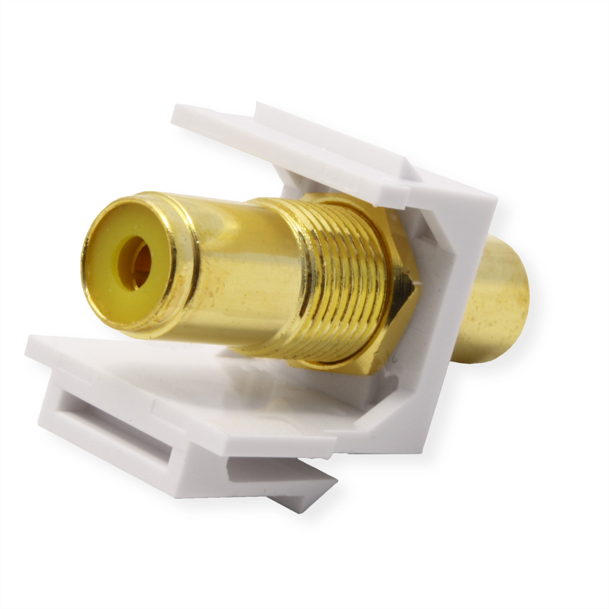 Ein goldfarbener, zylindrischer Stecker ist in einem weißen Kunststoffrahmen eingesetzt. Der Stecker dient zum Kabelanschluss.