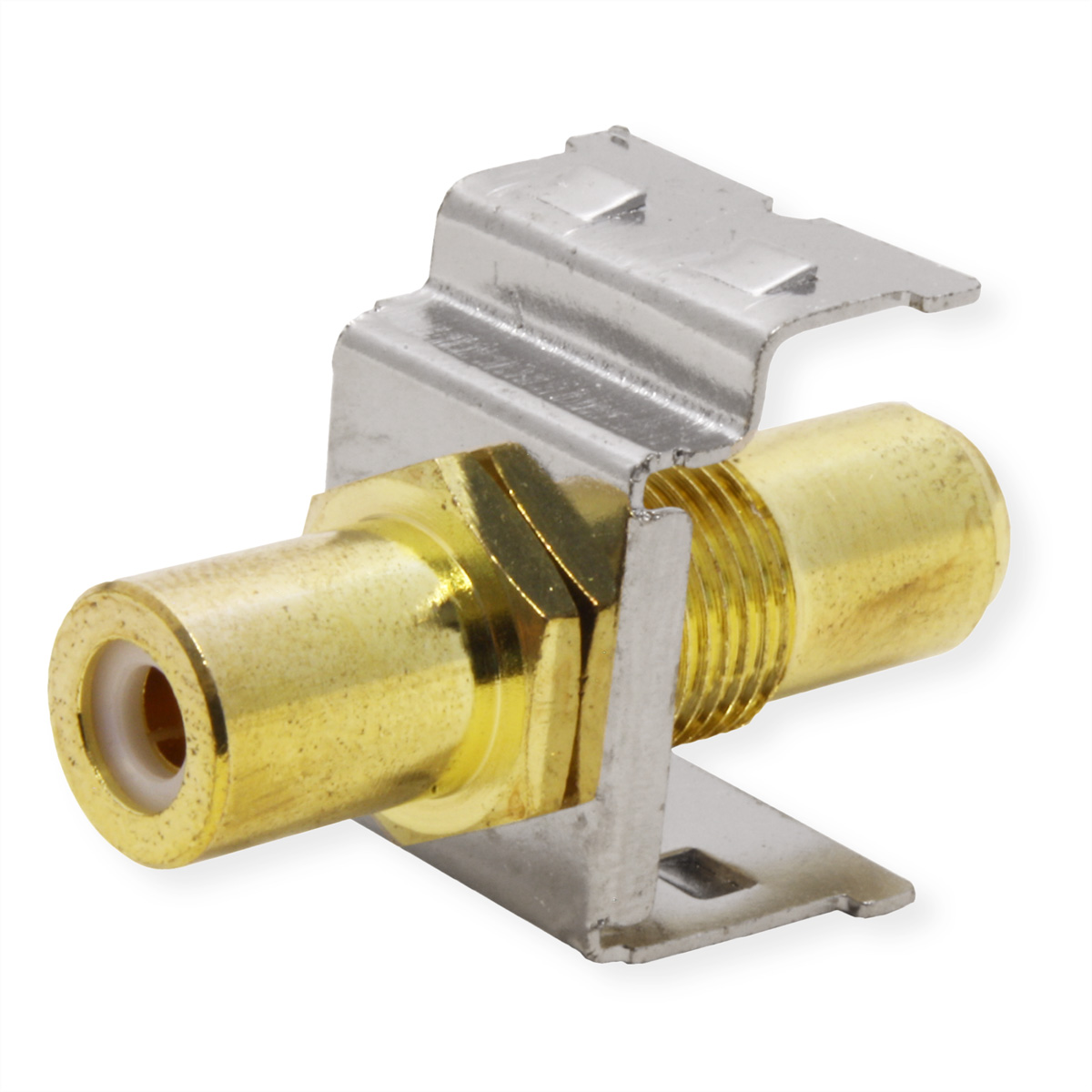Un connettore RCA color oro con una staffa in metallo argentato. È su sfondo bianco.