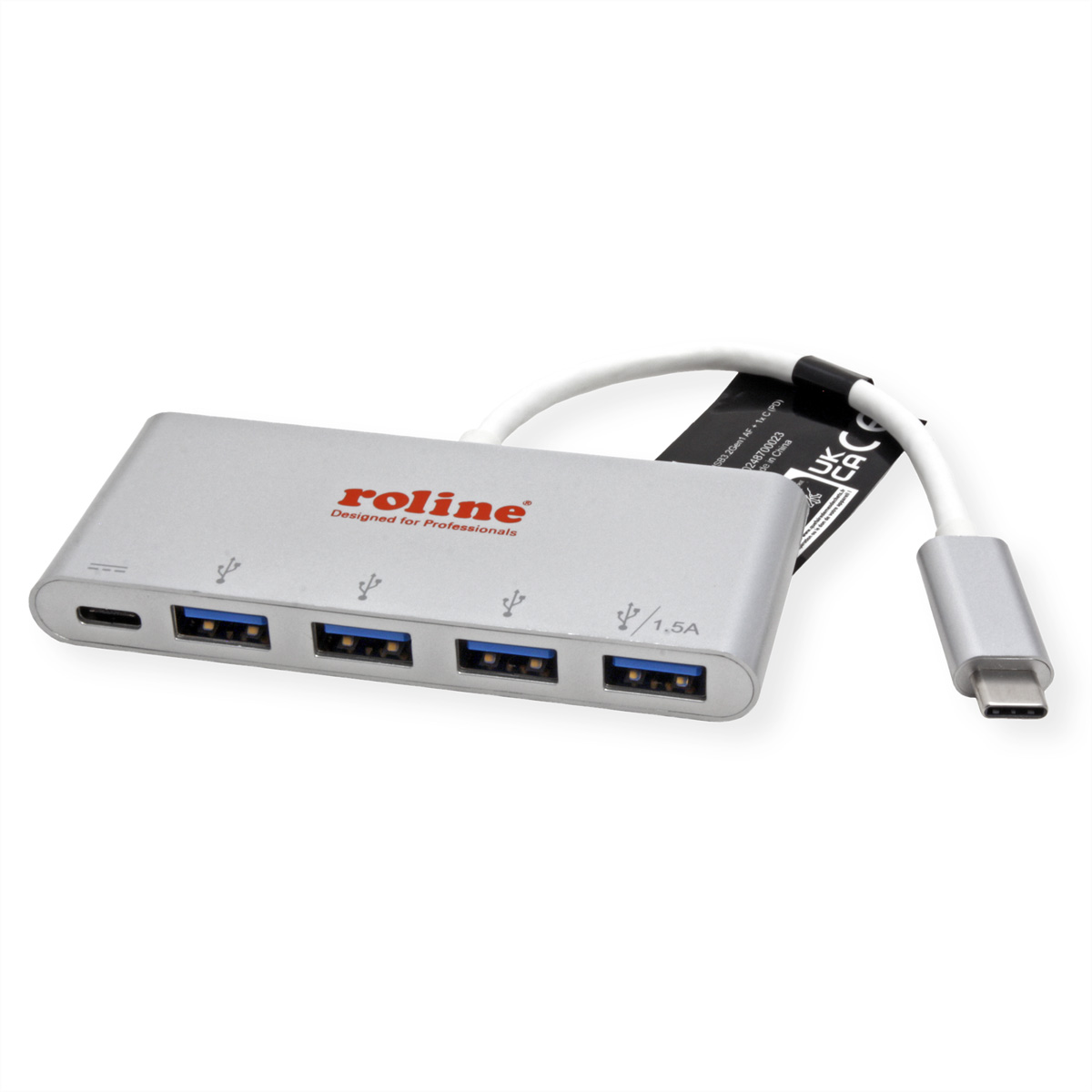 Silberner Roline USB-Hub mit vier USB-Anschlüssen und einem USB-C-Anschluss, verbunden durch ein weißes Kabel und einen USB-C-Stecker. Weißer Hintergrund.