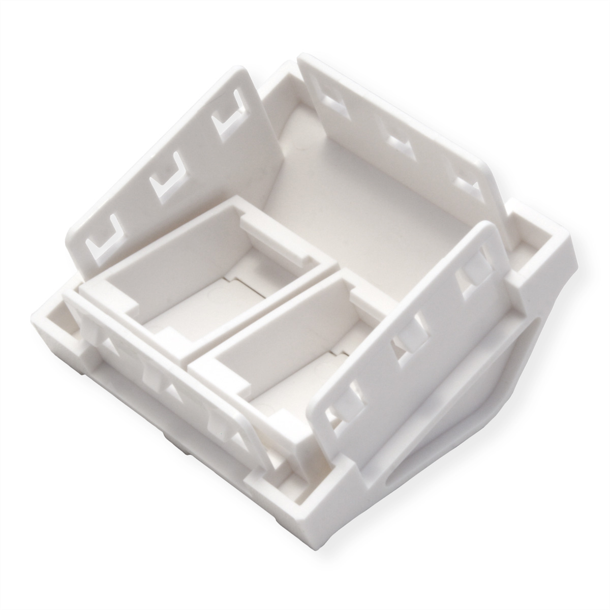 Conteneur en plastique blanc avec plusieurs compartiments et couvercles articulés, ouvert. Le conteneur est sur fond blanc.
