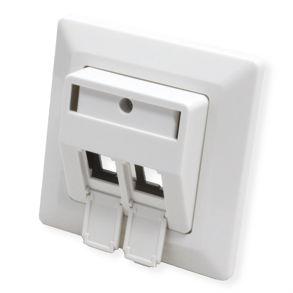 Eine weiße Netzwerk-Wandplatte. Sie hat zwei RJ45-Anschlüsse mit Schutzabdeckungen und einen kleinen, rechteckigen Abschnitt oben.