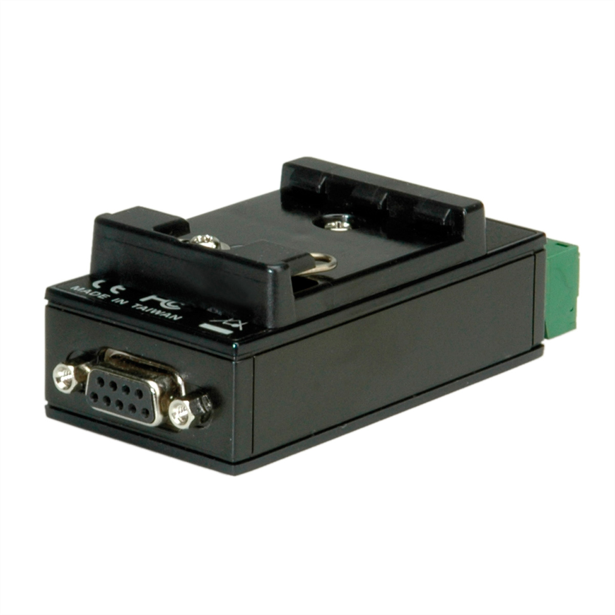 Schwarzes elektronisches Gerät mit Anschluss und grünem Klemmenblock. Auf der Seite steht Made in Taiwan. Es liegt auf weißem Grund.