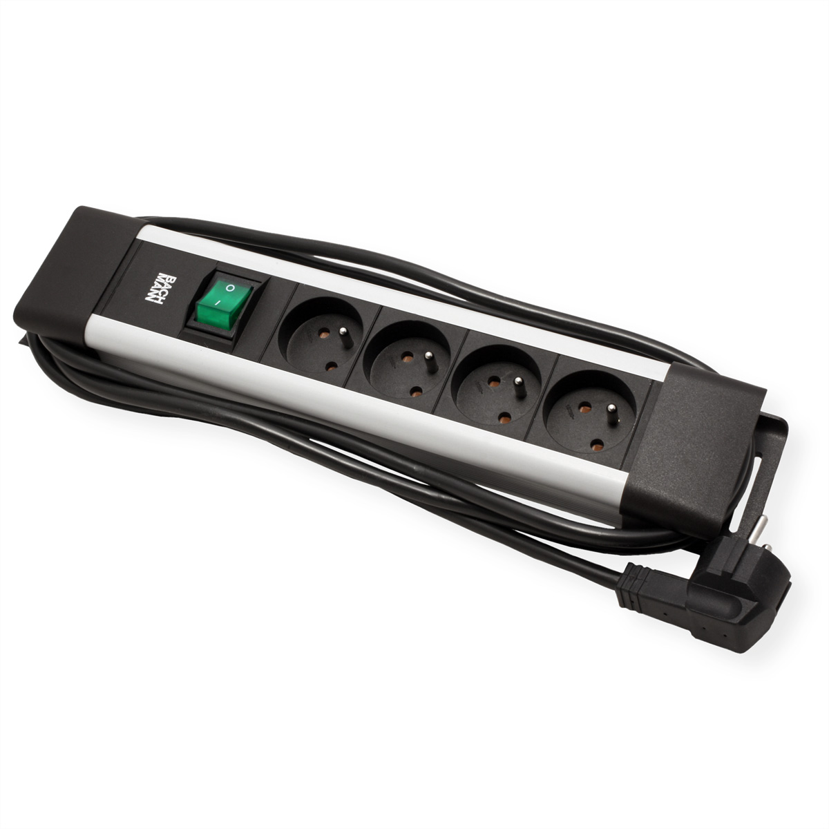 Ein schwarzer und silberner Steckerblock mit vier Steckdosen, einem grünen Netzschalter und einem schwarzen Kabel und Stecker.